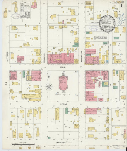 Sanborn Fire Insurance Map from Bloomfield, Greene County, Indiana (1898), Sheet #0001 - Historic Sanborn Fire Insurance Map Print, vintage old map wall art, antique decor, genealogy gift, Indiana Indiana map