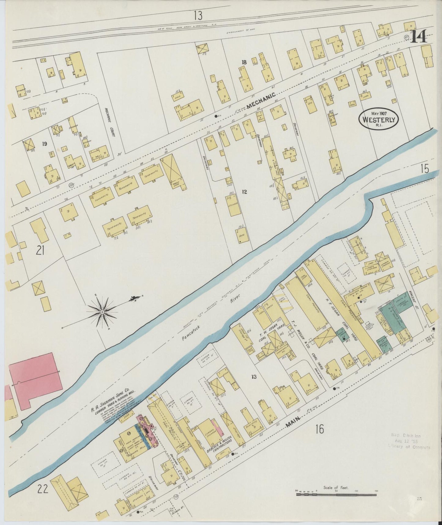 Sanborn Fire Insurance Map from Westerly, Washington County, Rhode Island (1907), Sheet #0014 - Complete Map Set gallery image, historic Sanborn map, vintage wall art, Rhode Island Rhode Island