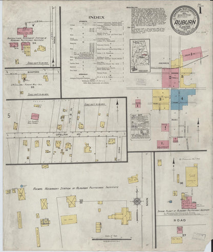Sanborn Fire Insurance Map from Auburn, Lee County, Alabama (1919), Sheet #0001 - Complete Map Set gallery image, historic Sanborn map, vintage wall art, Alabama Alabama
