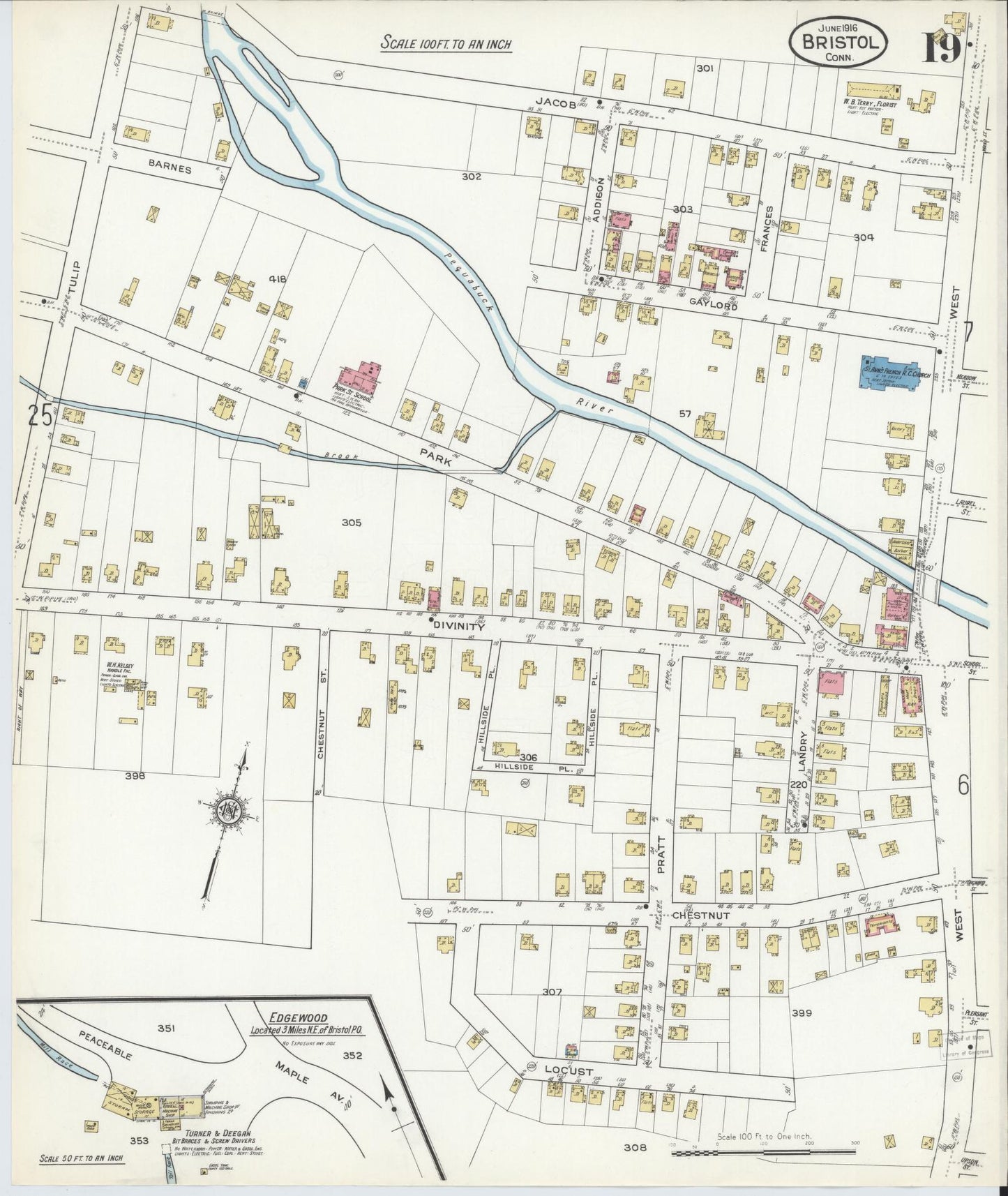 Sanborn Fire Insurance Map from Bristol, Hartford County, Connecticut (1916), Sheet #0019 - Complete Map Set gallery image, historic Sanborn map, vintage wall art, Connecticut Connecticut