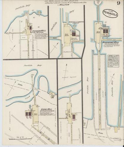 Sanborn Fire Insurance Map from Pensacola, Escambia County, Florida (1884), Sheet #0009 - Complete Map Set gallery image, historic Sanborn map, vintage wall art, Florida Florida