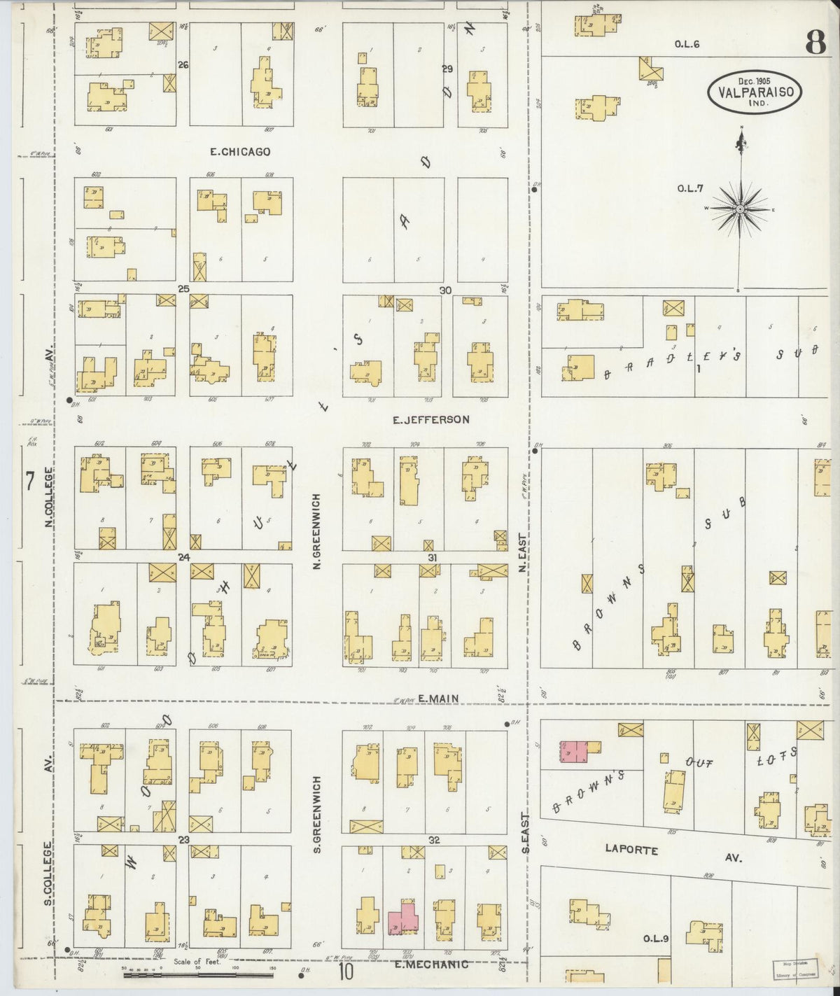 Sanborn Fire Insurance Map from Valparaiso, Porter County, Indiana (1905), Sheet #0008 - Historic Sanborn Fire Insurance Map Print, vintage old map wall art, antique decor, genealogy gift, Indiana Indiana map