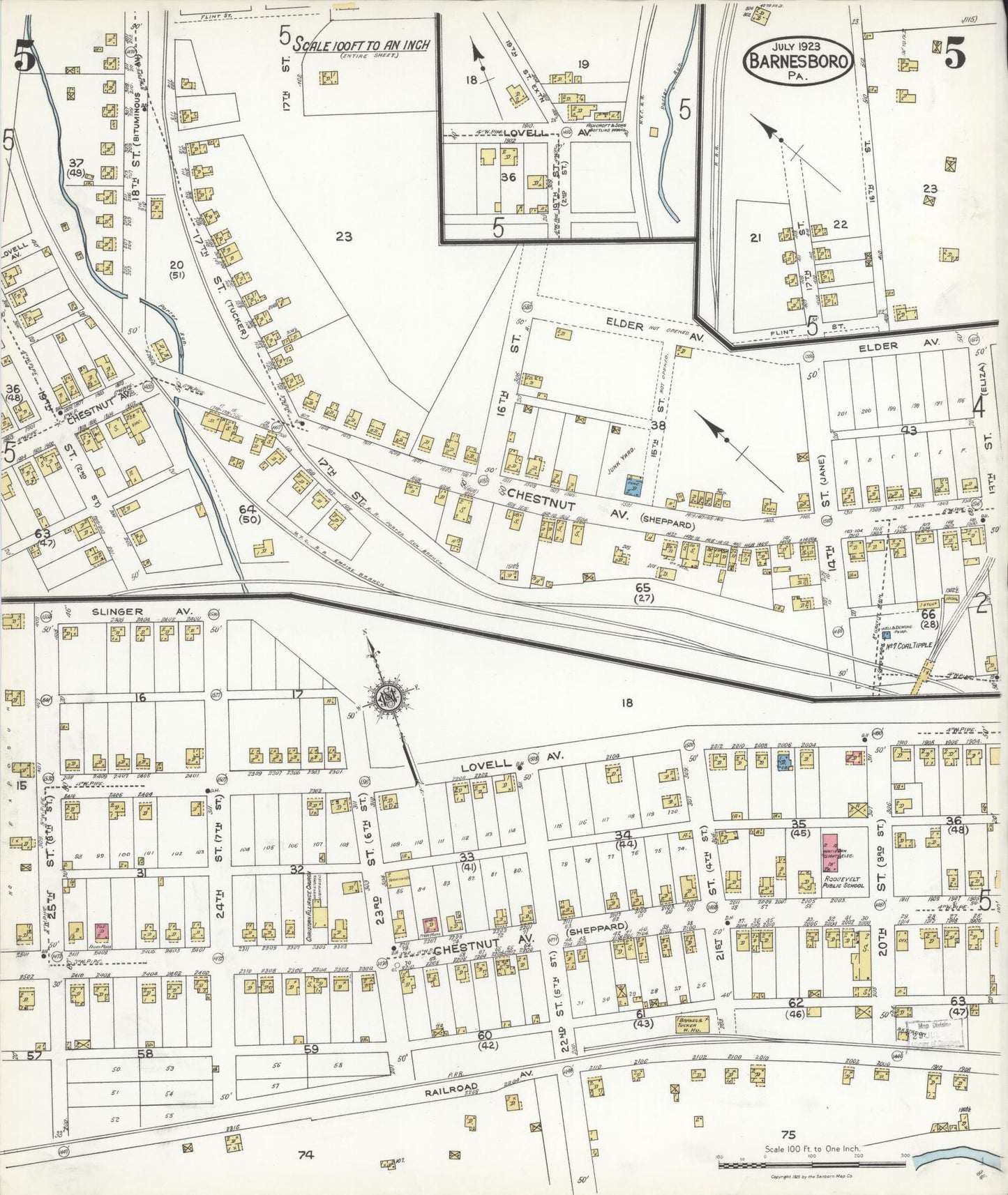 Sanborn Fire Insurance Map from Barnesboro, Cambria County, Pennsylvania (1923), Sheet #0005 - Historic Sanborn Fire Insurance Map Print, vintage old map wall art, antique decor, genealogy gift, Pennsylvania Pennsylvania map