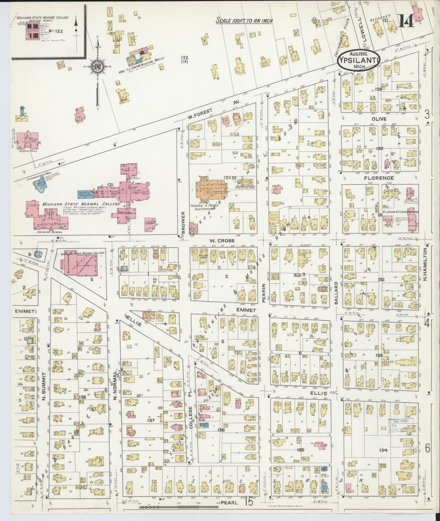 Sanborn Fire Insurance Map from Ypsilanti, Washtenaw County, Michigan (1916), Sheet #0014 - Complete Map Set gallery image, historic Sanborn map, vintage wall art, Michigan Michigan