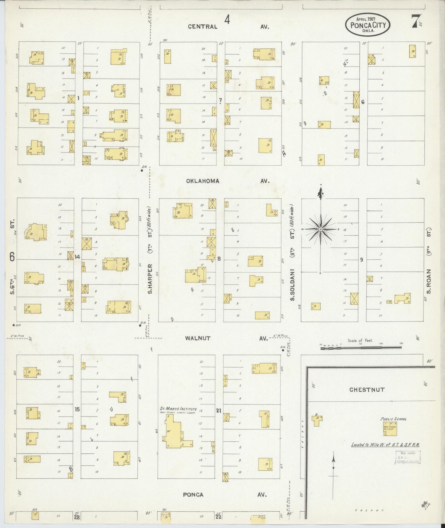 Sanborn Fire Insurance Map from Ponca City, Kay County, Oklahoma (1907), Sheet #0007 - Historic Sanborn Fire Insurance Map Print, vintage old map wall art, antique decor, genealogy gift, Oklahoma Oklahoma map
