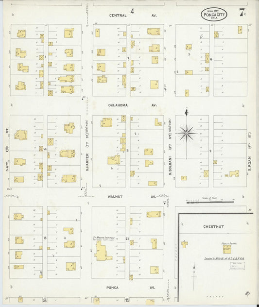 Sanborn Fire Insurance Map from Ponca City, Kay County, Oklahoma (1907), Sheet #0007 - Historic Sanborn Fire Insurance Map Print, vintage old map wall art, antique decor, genealogy gift, Oklahoma Oklahoma map
