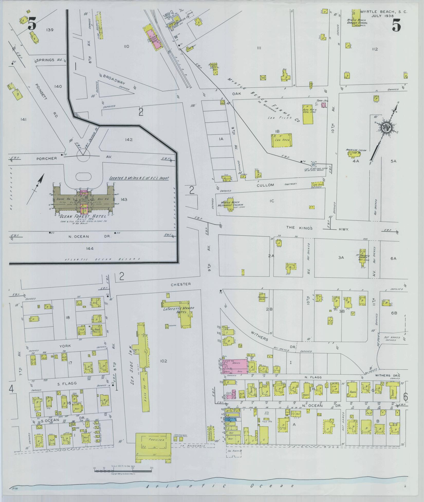 Sanborn Fire Insurance Map from Myrtle Beach, Horry County, South Carolina (1938), Sheet #0005 - Complete Map Set gallery image, historic Sanborn map, vintage wall art, South Carolina South Carolina