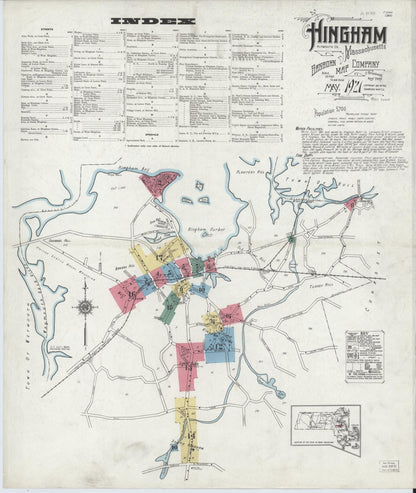 Sanborn Fire Insurance Map from Hingham, Plymouth County, Massachusetts (1921), Sheet #0001 - Historic Sanborn Fire Insurance Map Print, vintage old map wall art, antique decor, genealogy gift, Massachusetts Massachusetts map