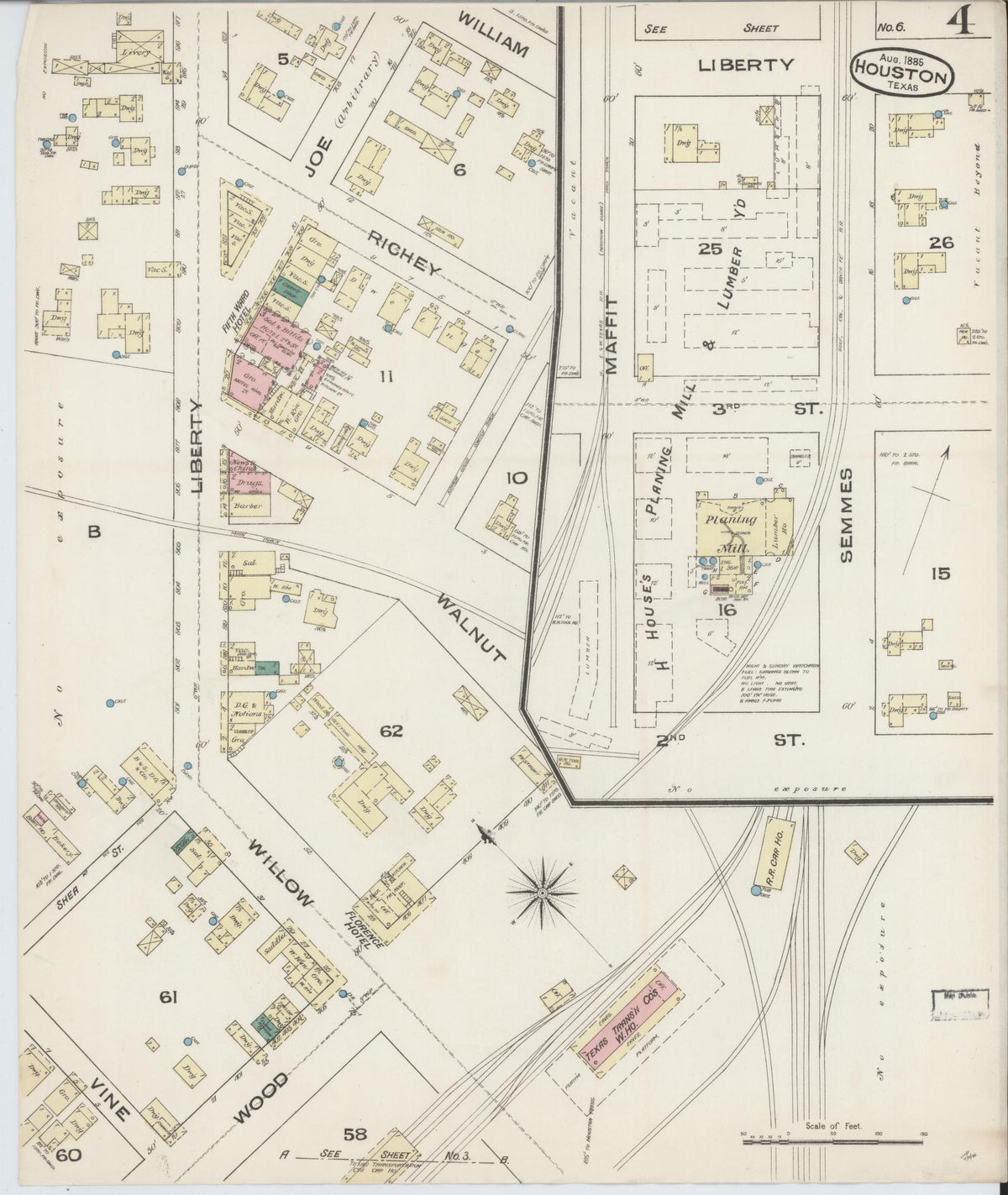 Sanborn Fire Insurance Map from Houston, Harris County, Texas (1885), Sheet #0004 - Complete Map Set gallery image, historic Sanborn map, vintage wall art, Texas Texas
