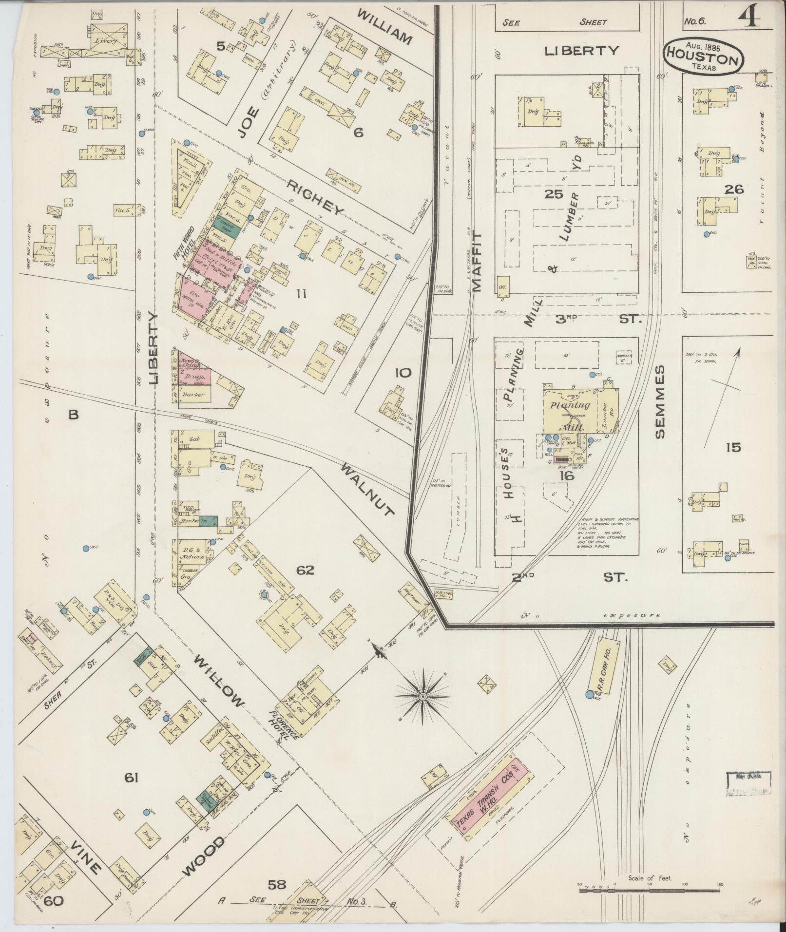 Sanborn Fire Insurance Map from Houston, Harris County, Texas (1885), Sheet #0004 - Complete Map Set gallery image, historic Sanborn map, vintage wall art, Texas Texas