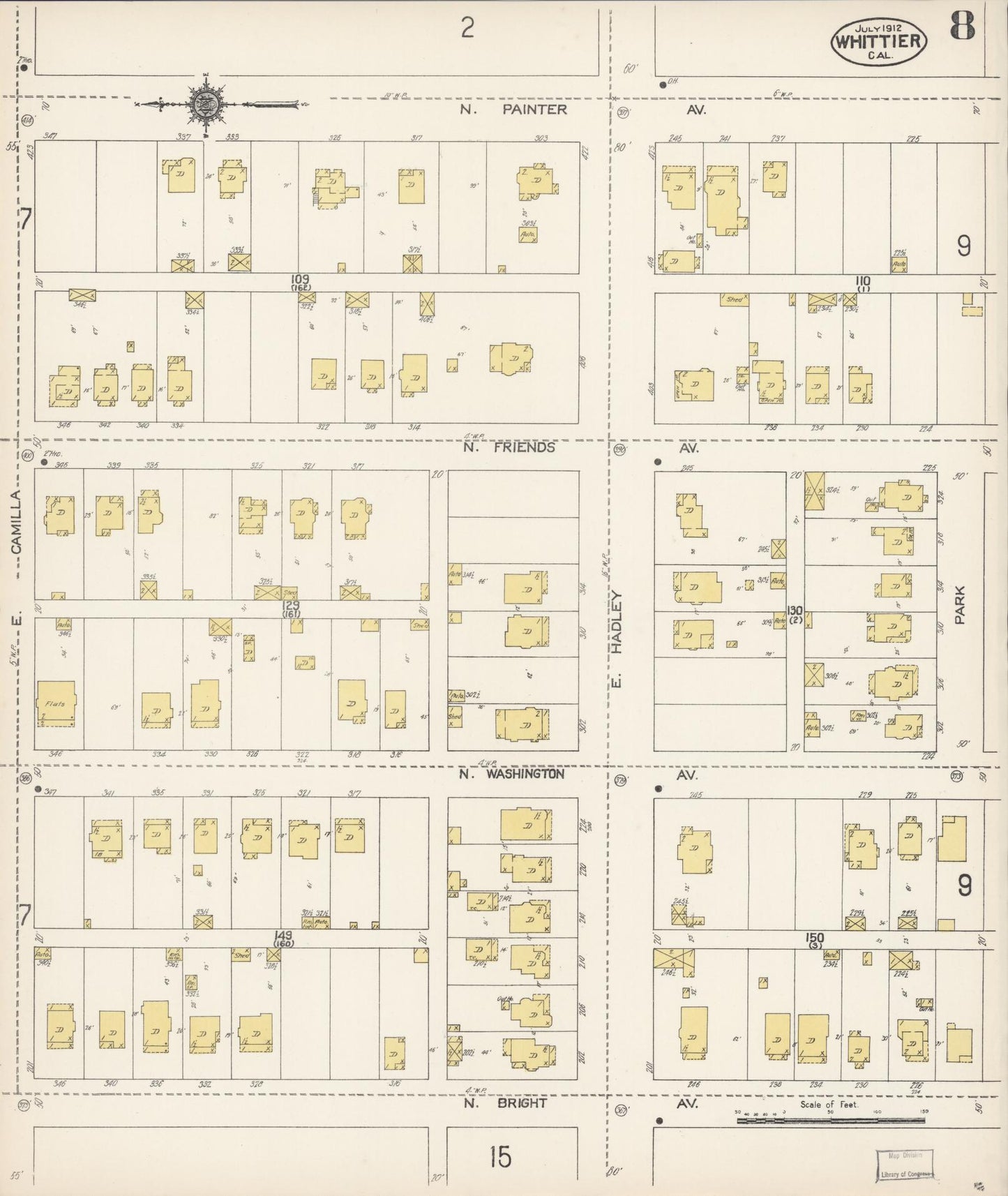 Sanborn Fire Insurance Map from Whittier, Los Angeles County, California (1912), Sheet #0008 - Complete Map Set gallery image, historic Sanborn map, vintage wall art, California California