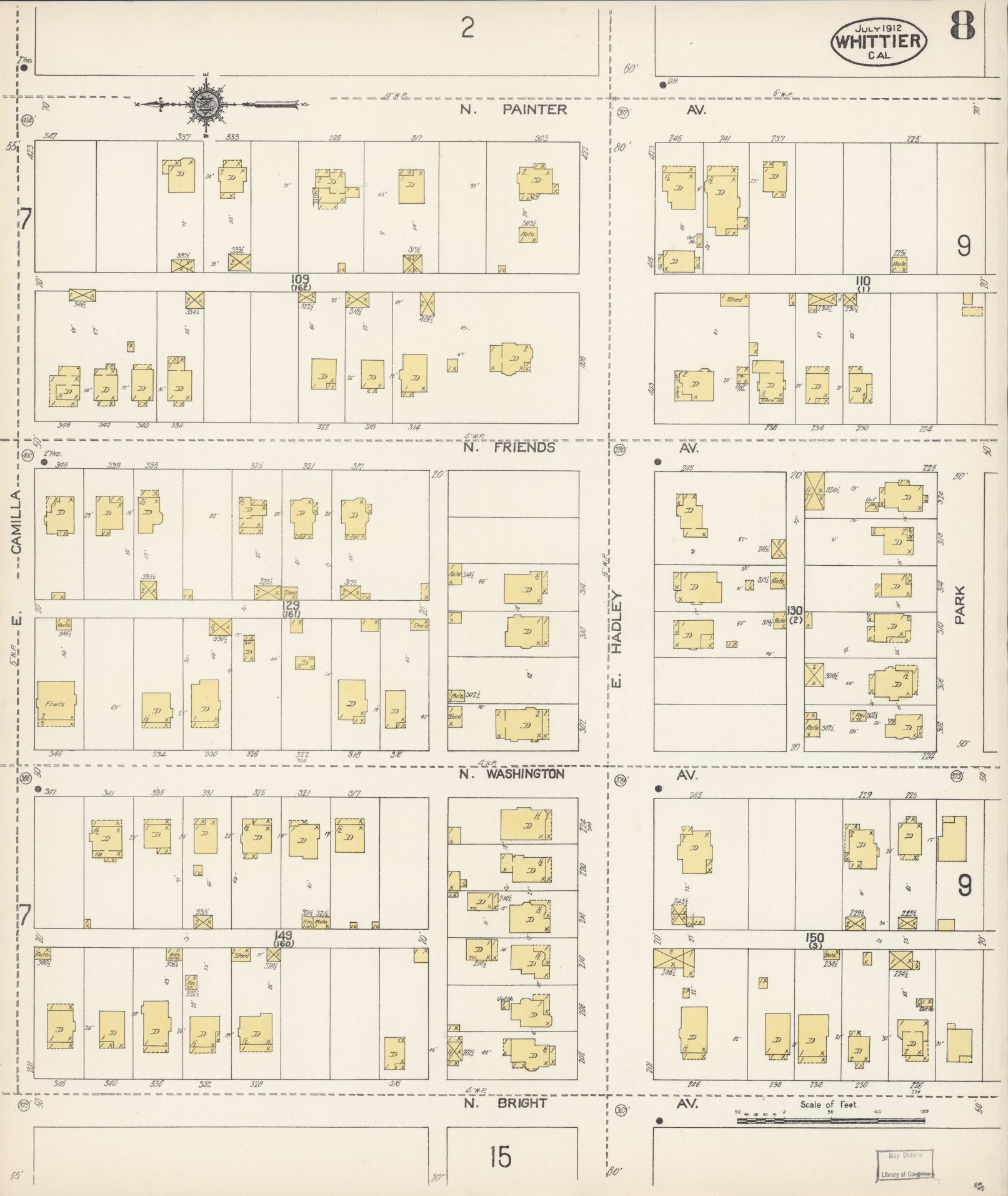 Sanborn Fire Insurance Map from Whittier, Los Angeles County, California (1912), Sheet #0008 - Complete Map Set gallery image, historic Sanborn map, vintage wall art, California California