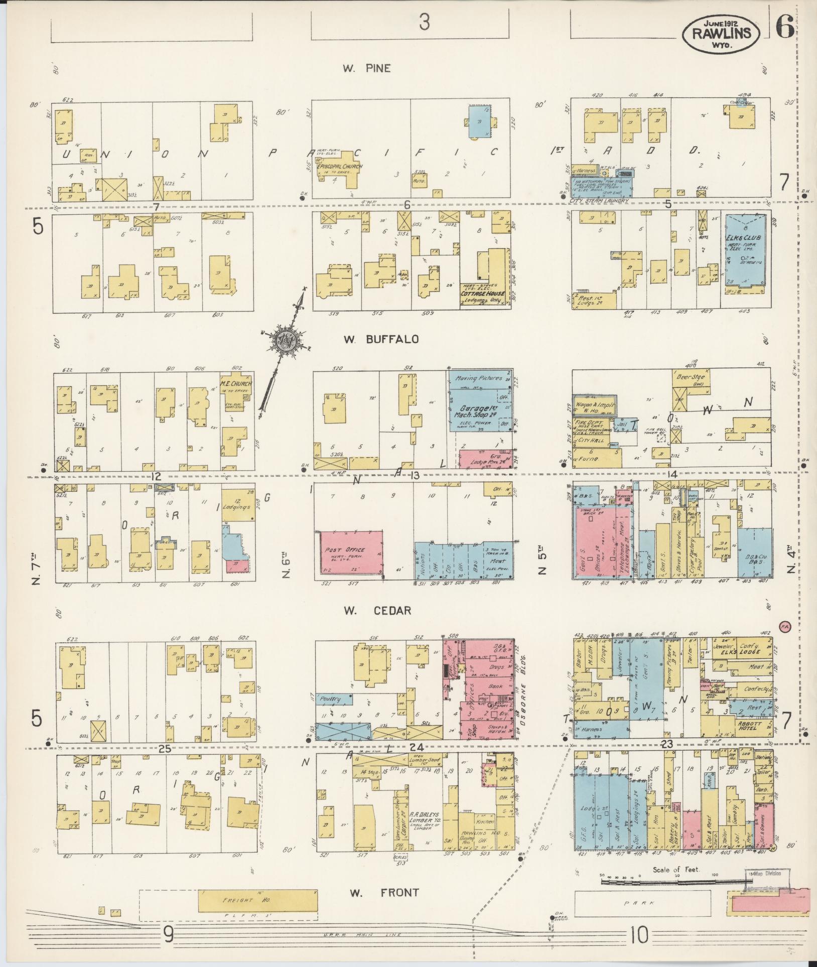 Sanborn Fire Insurance Map from Rawlins, Carbon County, Wyoming (1912), Sheet #0006 - Complete Map Set gallery image, historic Sanborn map, vintage wall art, Wyoming Wyoming