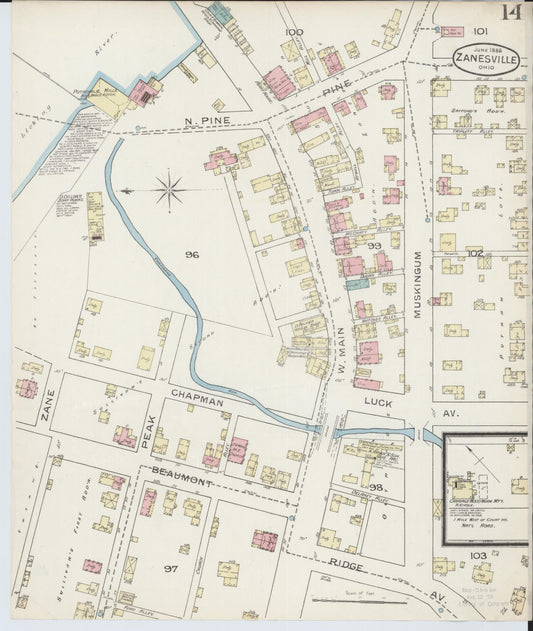 Sanborn Fire Insurance Map from Zanesville, Muskingum County, Ohio (1886), Sheet #0014 - Historic Sanborn Fire Insurance Map Print, vintage old map wall art, antique decor, genealogy gift, Ohio Ohio map