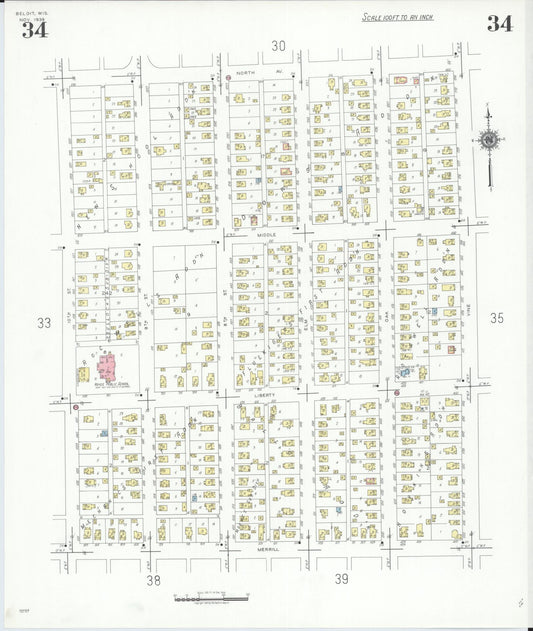 Sanborn Fire Insurance Map from Beloit, Rock County, Wisconsin (1939), Sheet #0034 - Historic Sanborn Fire Insurance Map Print, vintage old map wall art, antique decor, genealogy gift, Wisconsin Wisconsin map