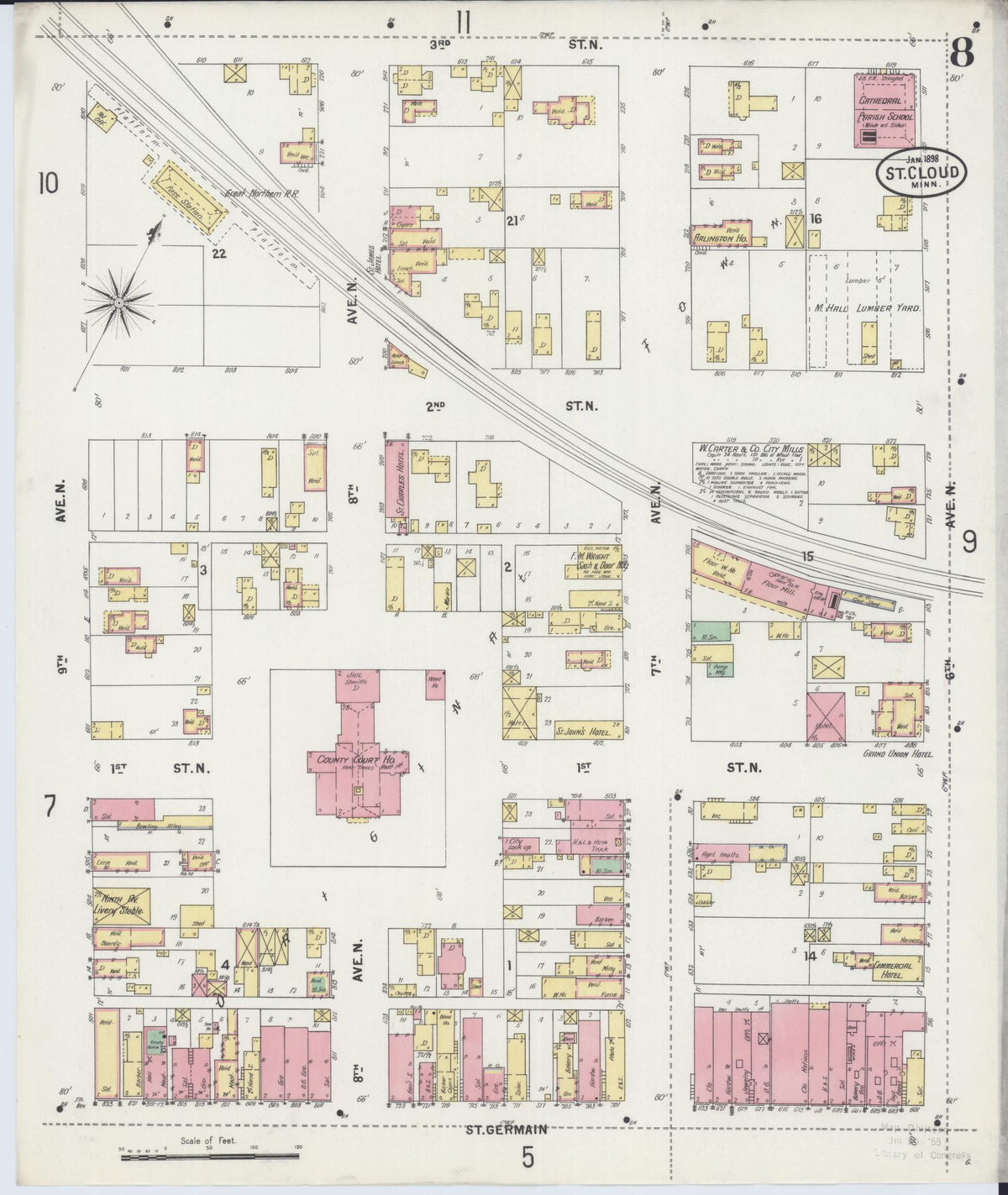 Sanborn Fire Insurance Map from Saint Cloud, Stearns, Benton, and Sherburne Counties, Minnesota (1898), Sheet #0008 - Historic Sanborn Fire Insurance Map Print, vintage old map wall art, antique decor, genealogy gift, Minnesota Minnesota map
