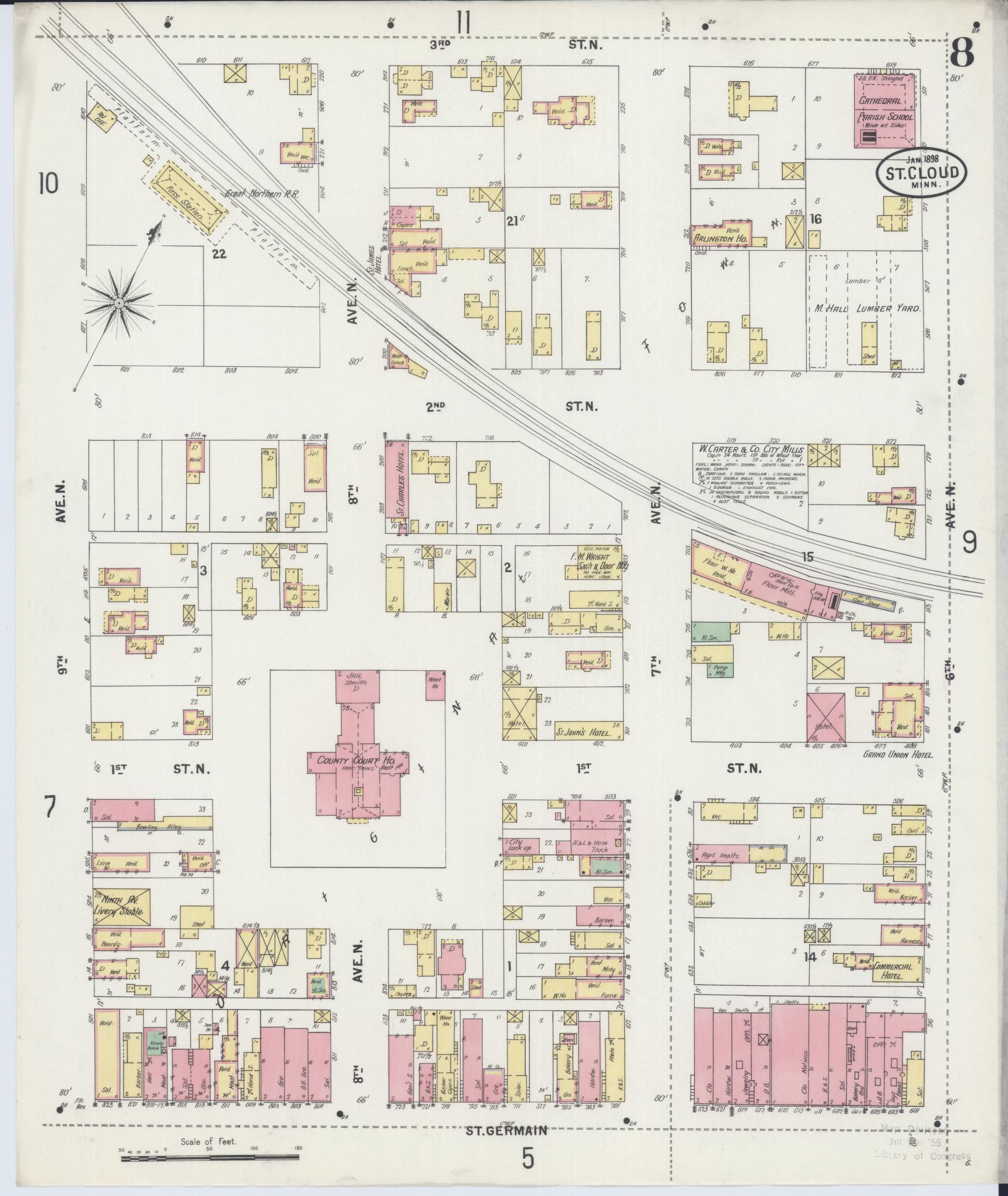 Sanborn Fire Insurance Map from Saint Cloud, Stearns, Benton, and Sherburne Counties, Minnesota (1898), Sheet #0008 - Historic Sanborn Fire Insurance Map Print, vintage old map wall art, antique decor, genealogy gift, Minnesota Minnesota map