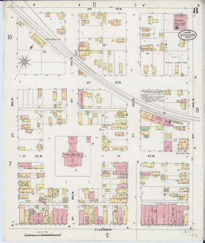 Sanborn Fire Insurance Map from Saint Cloud, Stearns, Benton, and Sherburne Counties, Minnesota (1898), Sheet #0008 - Historic Sanborn Fire Insurance Map Print, vintage old map wall art, antique decor, genealogy gift, Minnesota Minnesota map