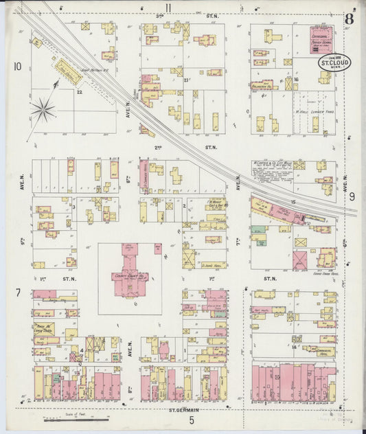 Sanborn Fire Insurance Map from Saint Cloud, Stearns, Benton, and Sherburne Counties, Minnesota (1898), Sheet #0008 - Historic Sanborn Fire Insurance Map Print, vintage old map wall art, antique decor, genealogy gift, Minnesota Minnesota map