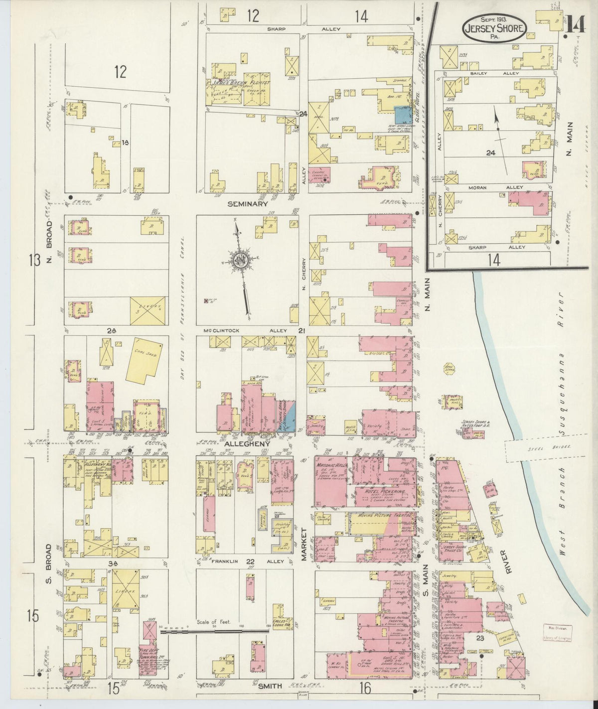 Sanborn Fire Insurance Map from Jersey Shore, Lycoming County, Pennsylvania (1913), Sheet #0014 - Complete Map Set gallery image, historic Sanborn map, vintage wall art, Pennsylvania Pennsylvania