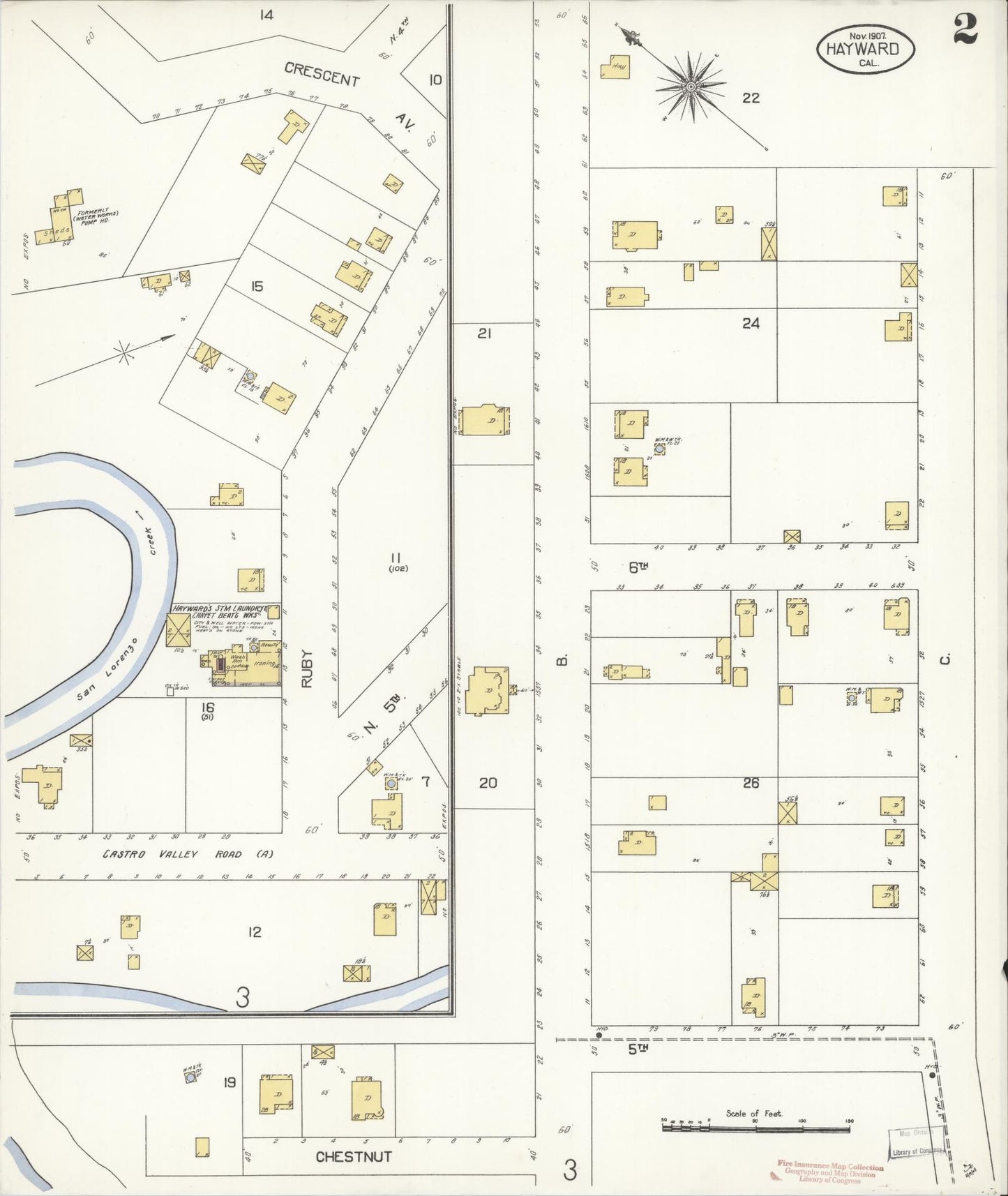 Sanborn Fire Insurance Map from Hayward, Alameda County, California (1907), Sheet #0002 - Historic Sanborn Fire Insurance Map Print, vintage old map wall art, antique decor, genealogy gift, California California map