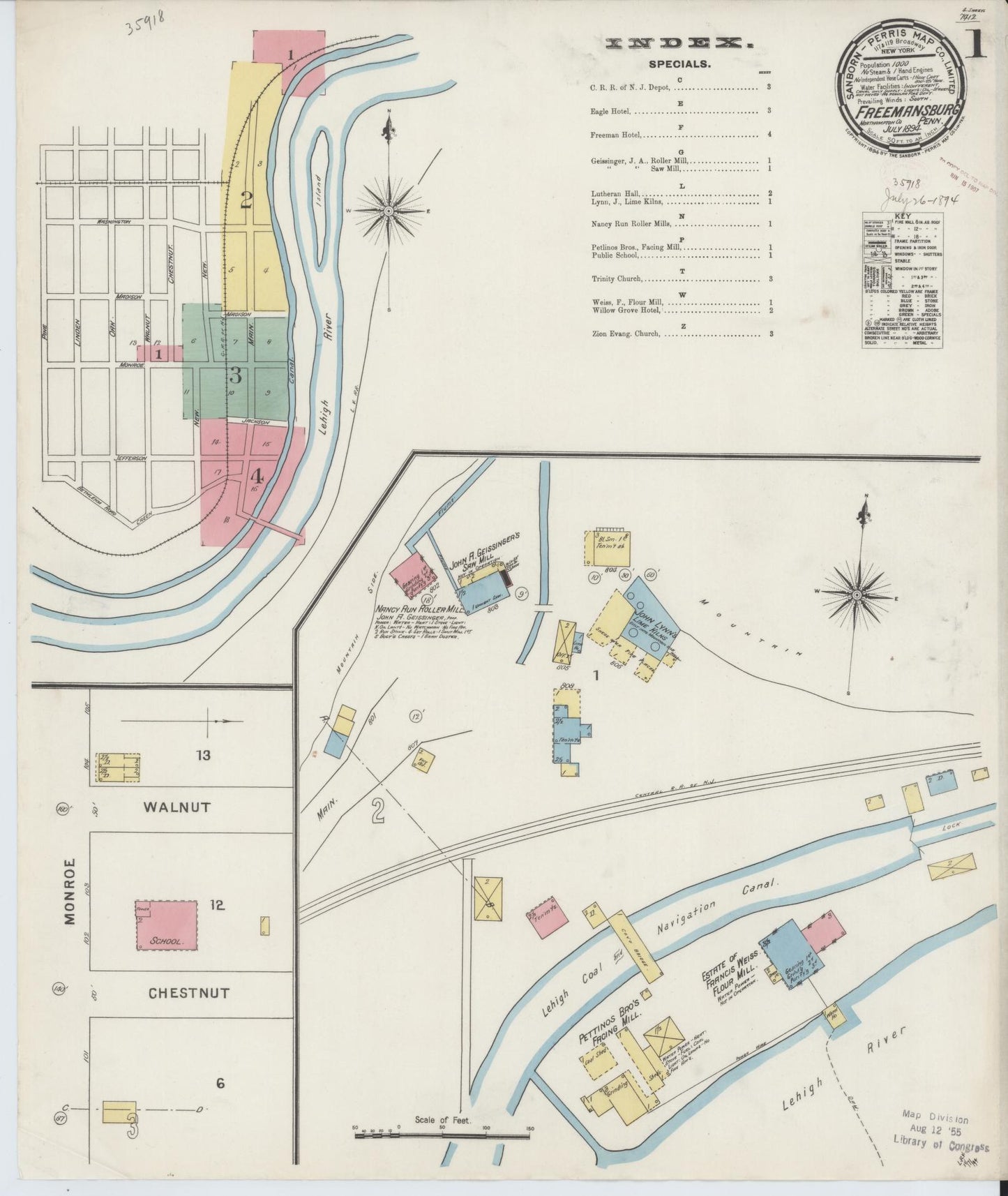 Sanborn Fire Insurance Map from Freemansburg, Northampton County, Pennsylvania (1894), Sheet #0001 - Historic Sanborn Fire Insurance Map Print, vintage old map wall art, antique decor, genealogy gift, Pennsylvania Pennsylvania map