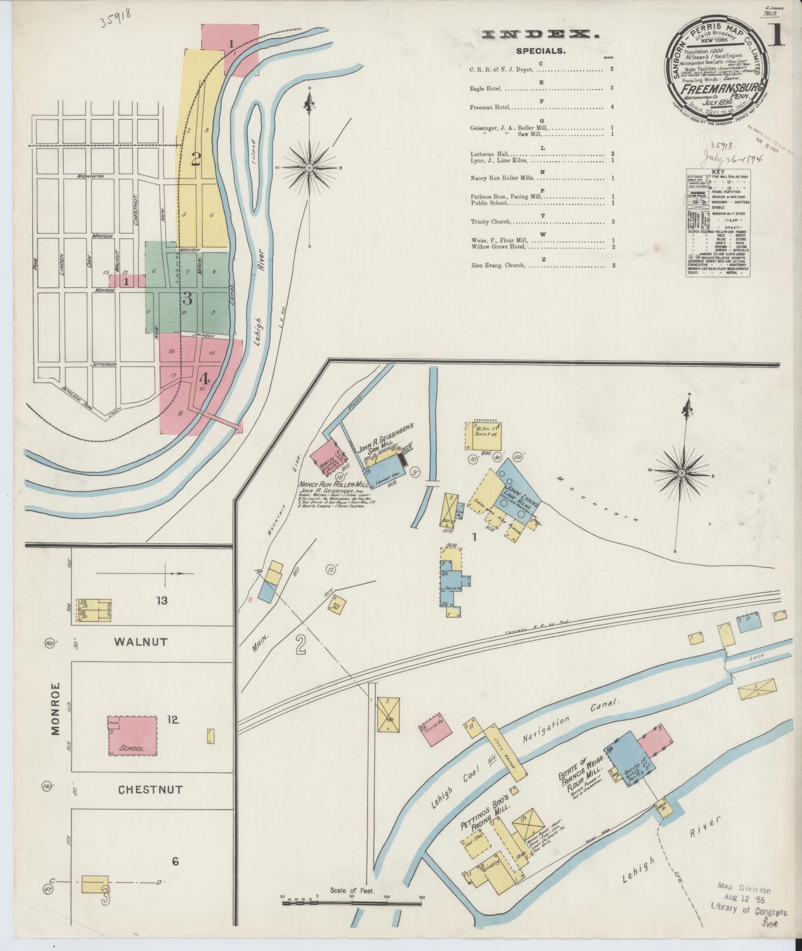 Sanborn Fire Insurance Map from Freemansburg, Northampton County, Pennsylvania (1894), Sheet #0001 - Historic Sanborn Fire Insurance Map Print, vintage old map wall art, antique decor, genealogy gift, Pennsylvania Pennsylvania map