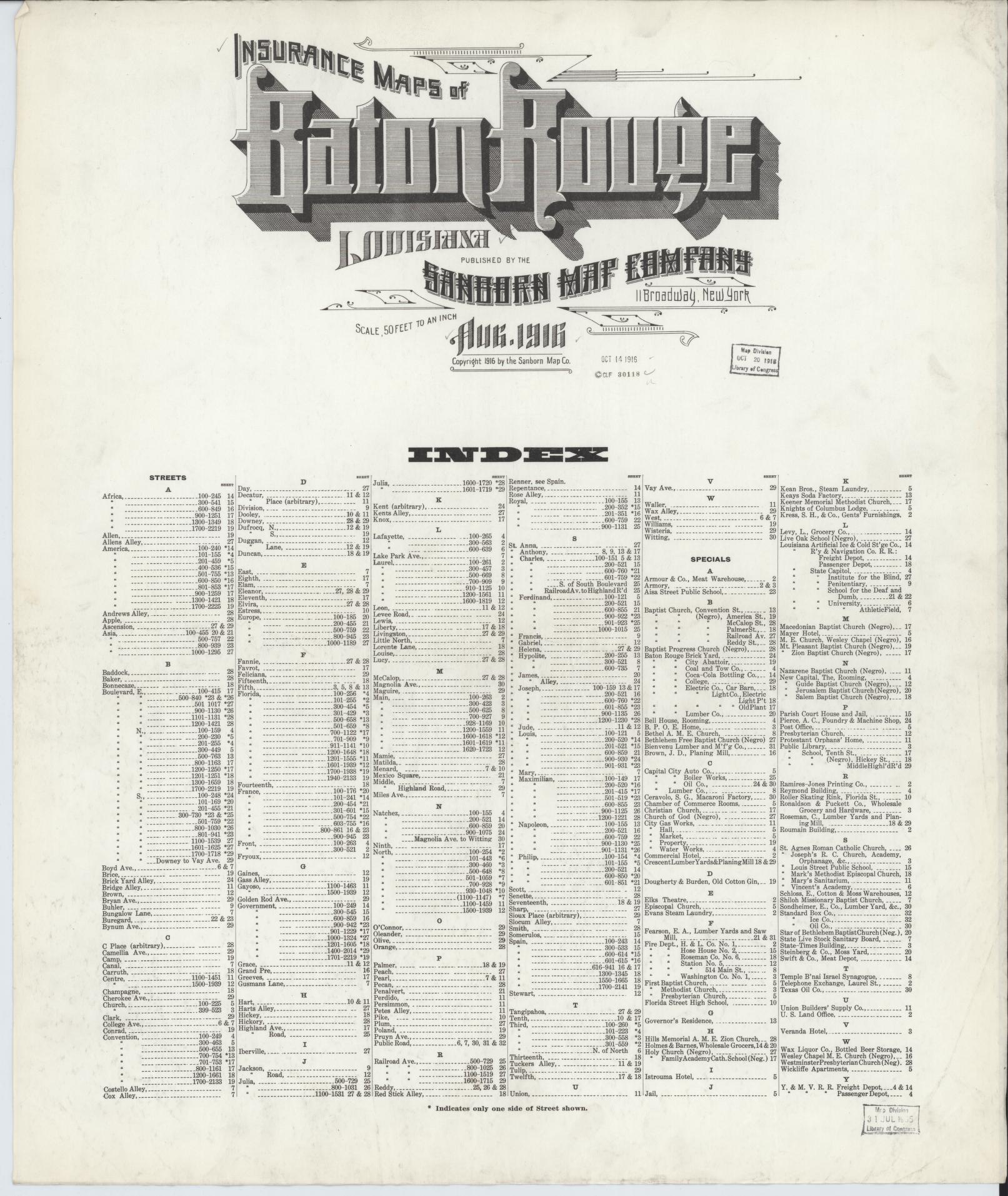 Sanborn Fire Insurance Map from Baton Rouge, East Baton Rouge Parish, Louisiana (1916), Sheet #0001 - Historic Sanborn Fire Insurance Map Print, vintage old map wall art, antique decor, genealogy gift, Louisiana Louisiana map