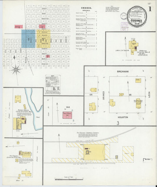 Sanborn Fire Insurance Map from Giddings, Lee County, Texas (1901), Sheet #0001 - Historic Sanborn Fire Insurance Map Print, vintage old map wall art, antique decor, genealogy gift, Texas Texas map
