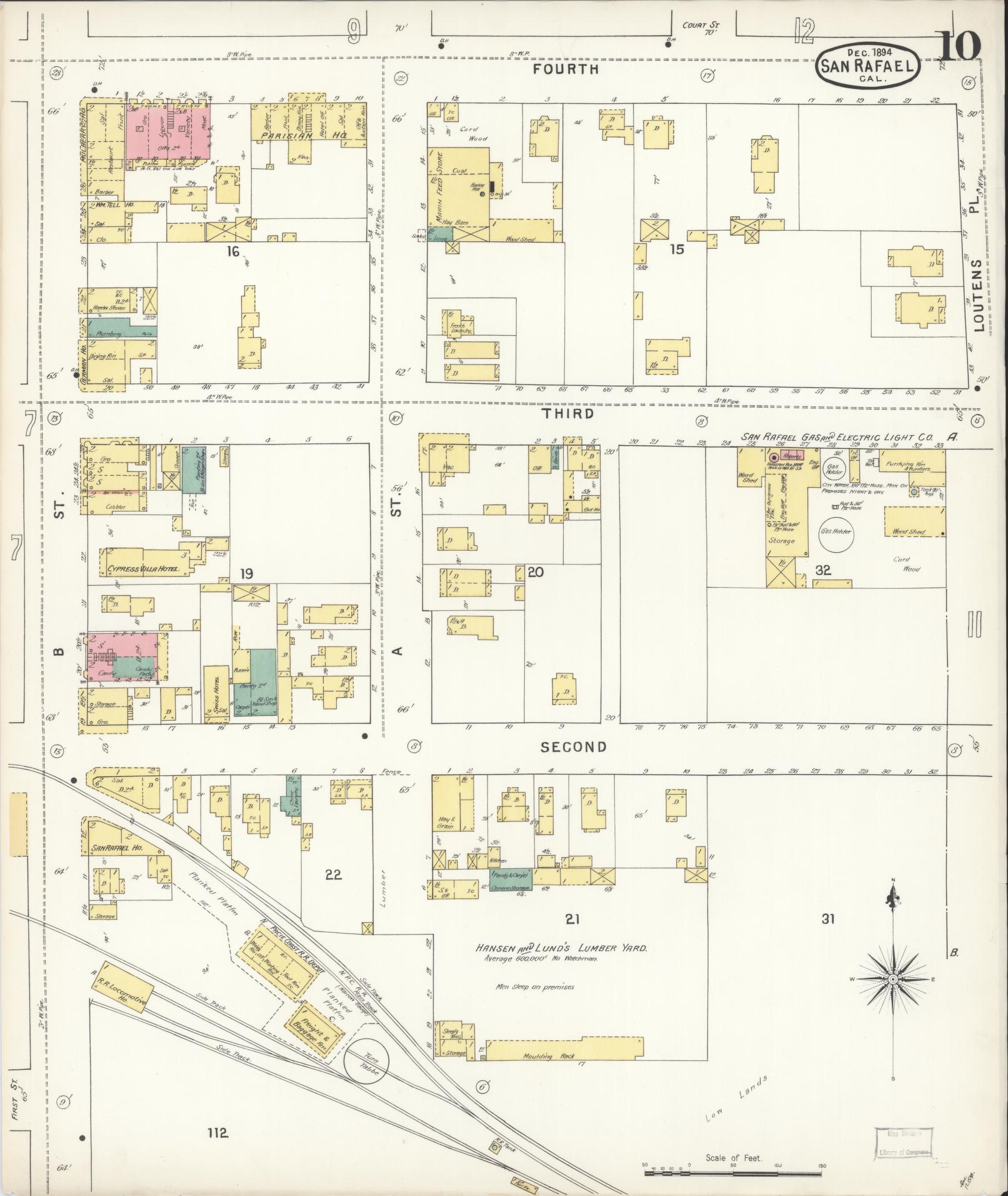 Sanborn Fire Insurance Map from San Rafael, Marin County, California (1894), Sheet #0010 - Complete Map Set gallery image, historic Sanborn map, vintage wall art, California California