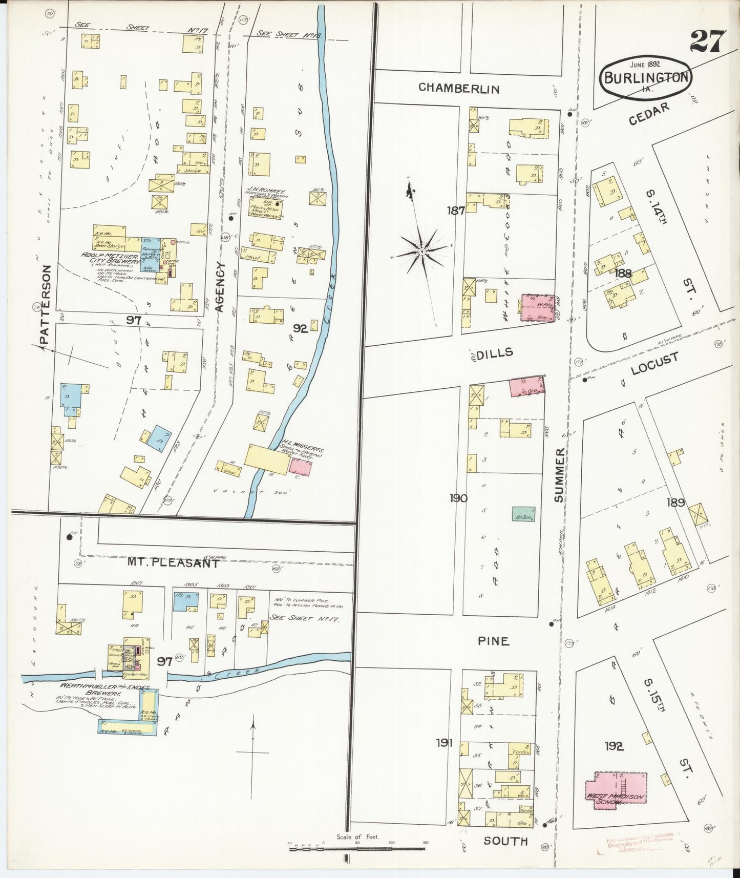 Sanborn Fire Insurance Map from Burlington, Des Moines County, Iowa (1892), Sheet #0027 - Historic Sanborn Fire Insurance Map Print, vintage old map wall art