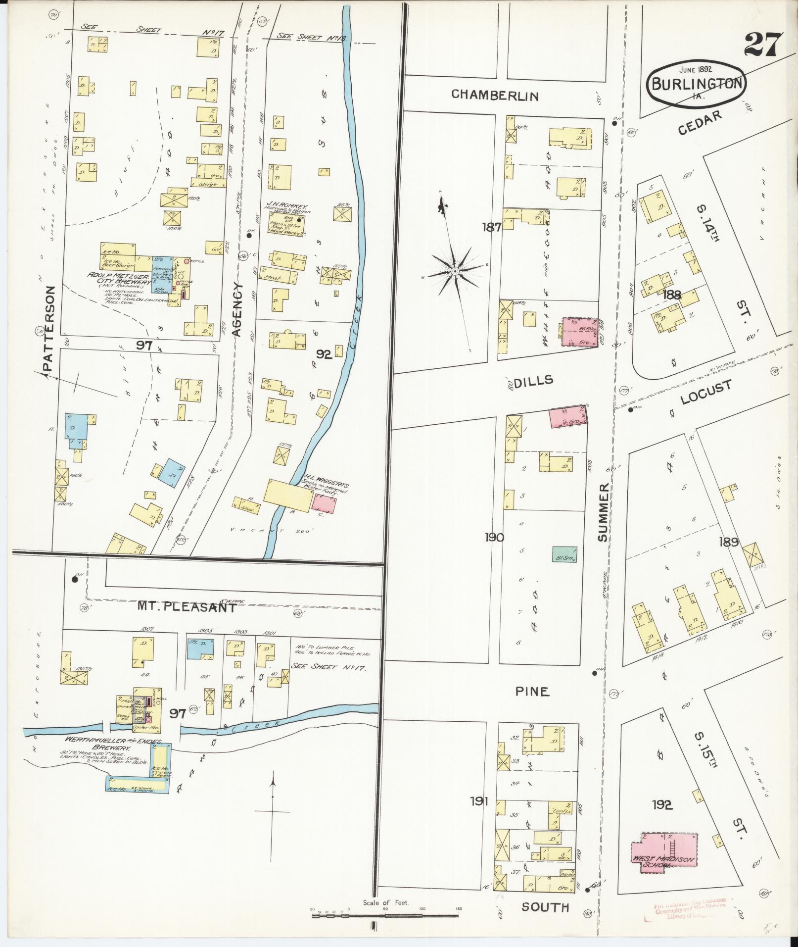 Sanborn Fire Insurance Map from Burlington, Des Moines County, Iowa (1892), Sheet #0027 - Historic Sanborn Fire Insurance Map Print, vintage old map wall art