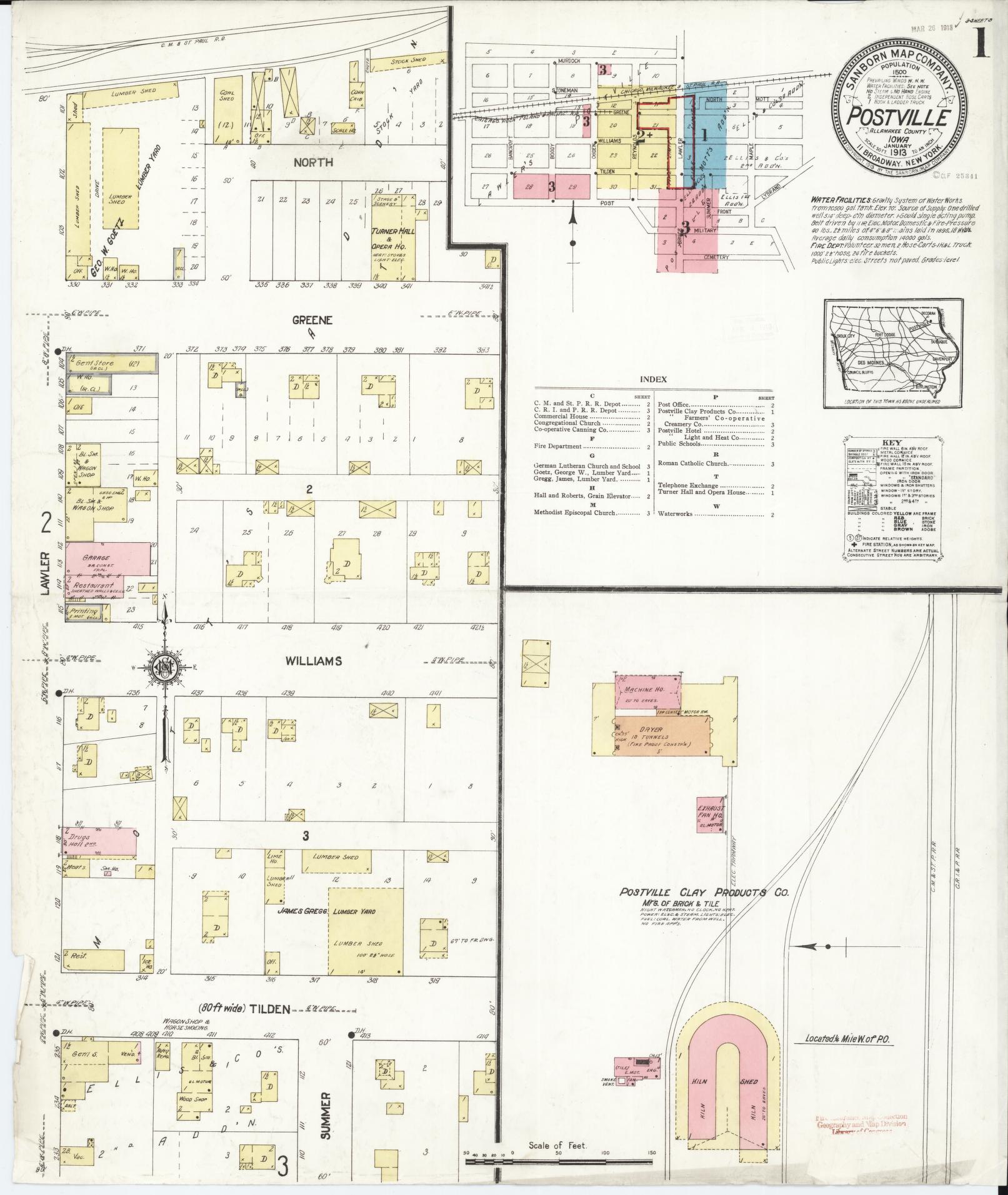 Sanborn Fire Insurance Map from Postville, Allamakee County, Iowa (1913), Sheet #0001 - Historic Sanborn Fire Insurance Map Print