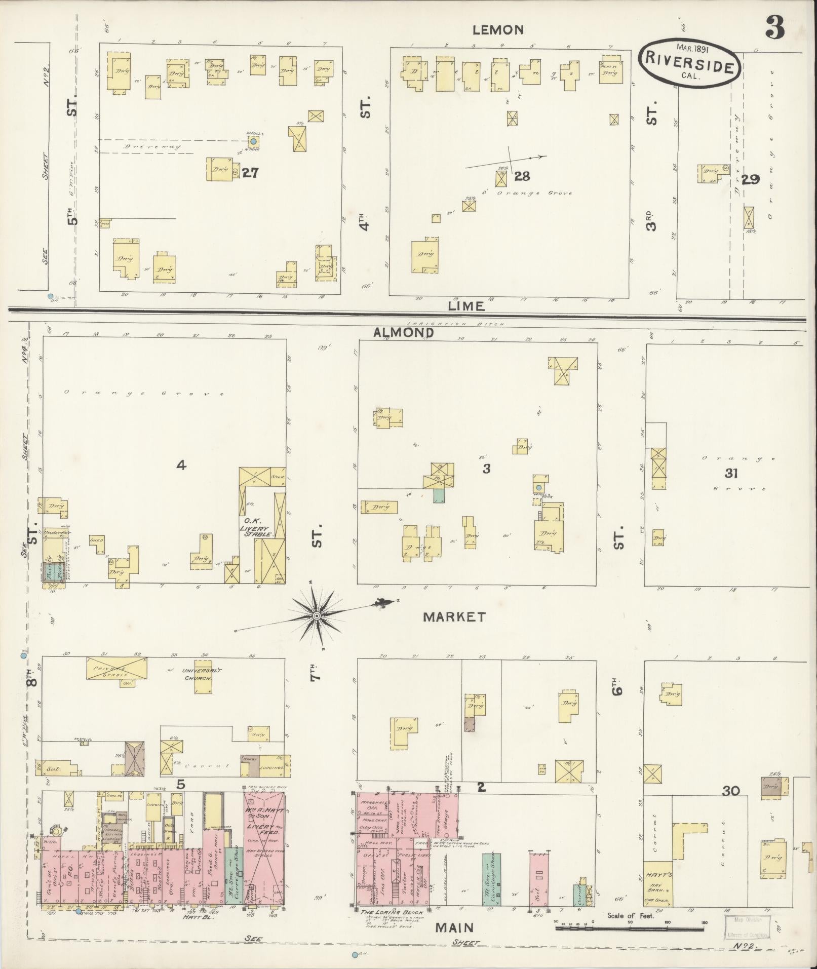 Sanborn Fire Insurance Map from Riverside, Riverside County, California (1891), Sheet #0003 - Complete Map Set gallery image, historic Sanborn map, vintage wall art, California California