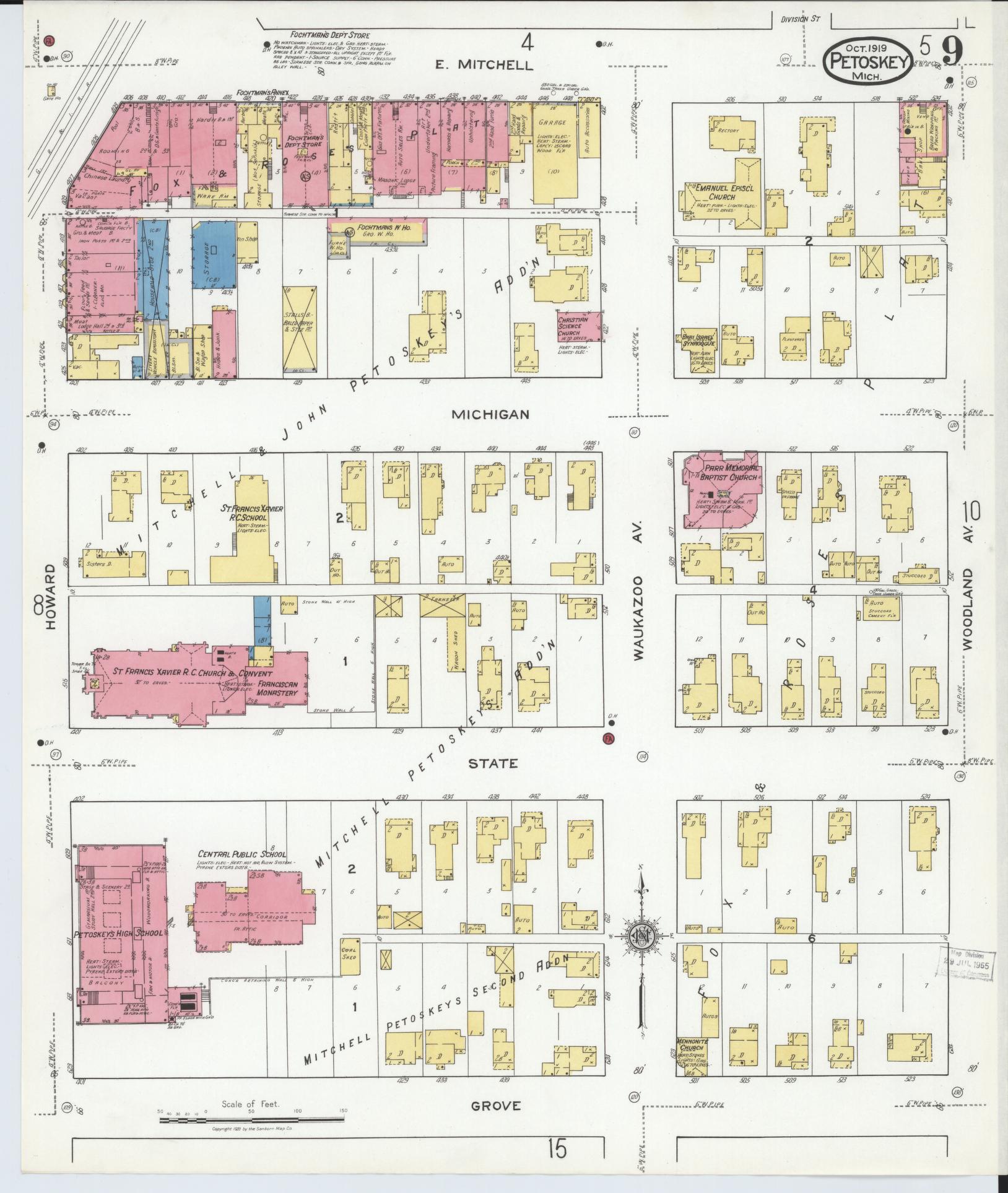 Sanborn Fire Insurance Map from Petoskey, Emmet County, Michigan (1919), Sheet #0009 - Historic Sanborn Fire Insurance Map Print, vintage old map wall art, antique decor, genealogy gift, Michigan Michigan map