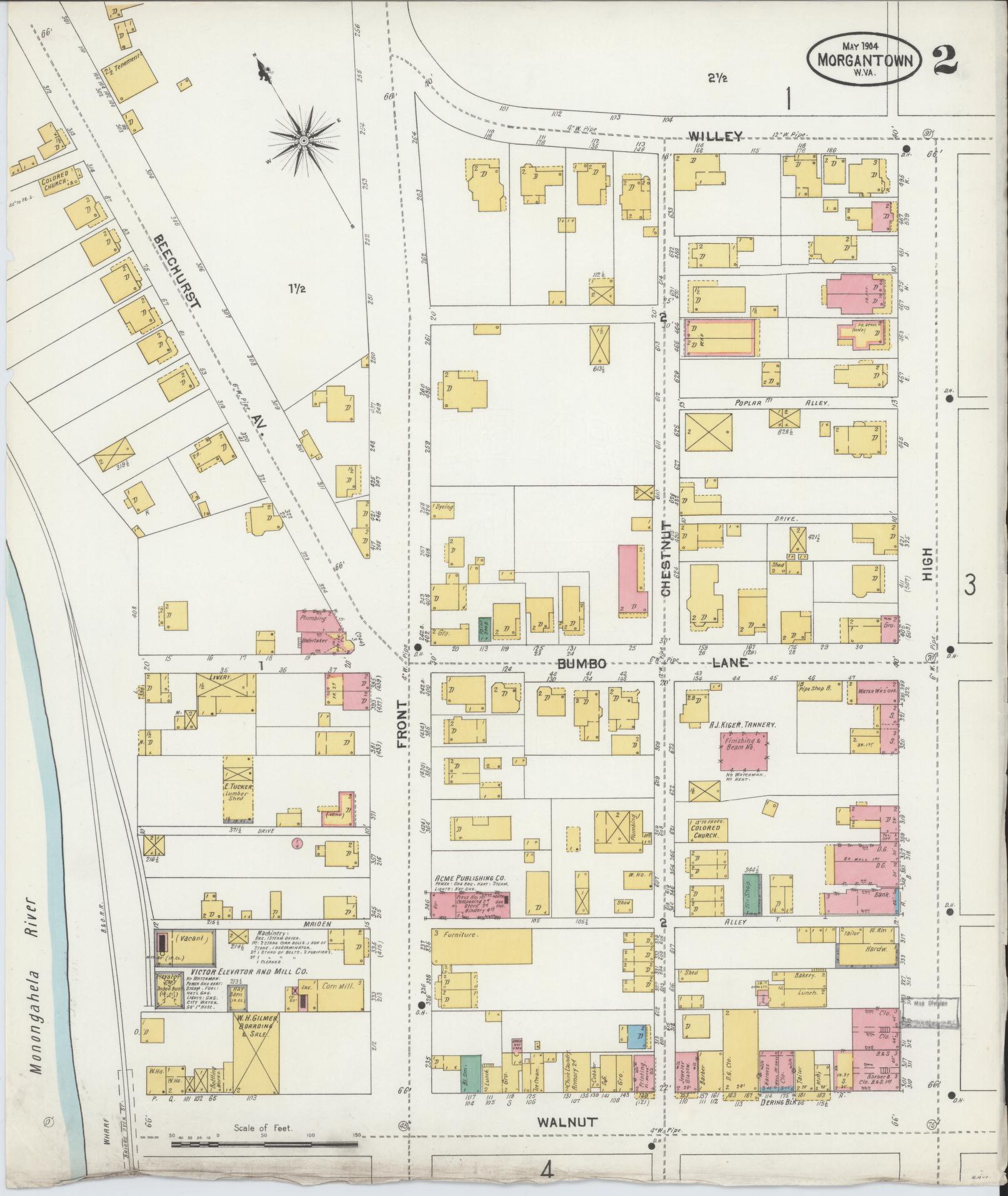 Sanborn Fire Insurance Map from Morgantown, Monongalia County, West Virginia (1904), Sheet #0002 - Complete Map Set gallery image, historic Sanborn map, vintage wall art, West Virginia West Virginia