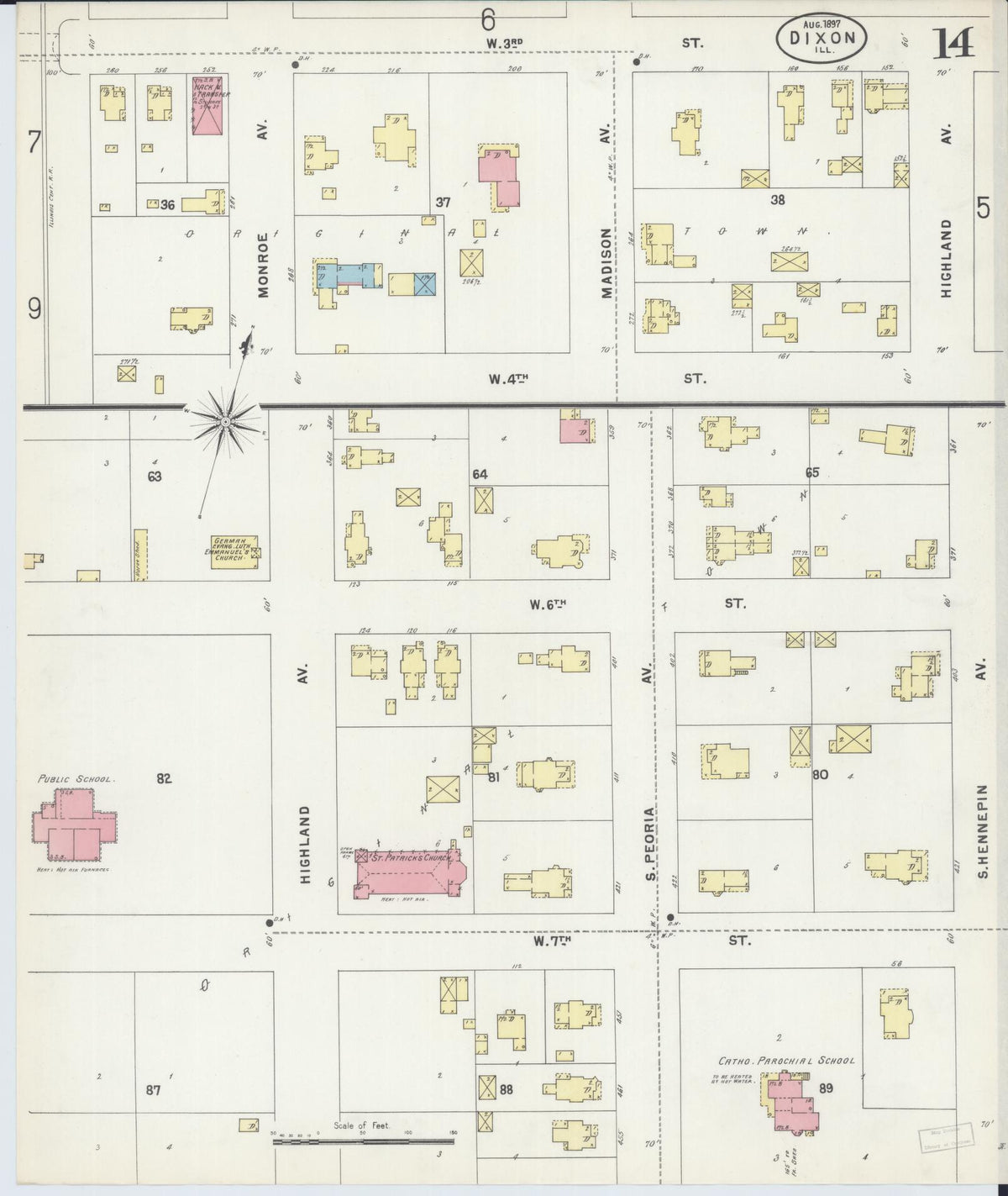 Sanborn Fire Insurance Map from Dixon, Lee County, Illinois (1897), Sheet #0014 - Historic Sanborn Fire Insurance Map Print, vintage old map wall art, antique decor, genealogy gift, Illinois Illinois map