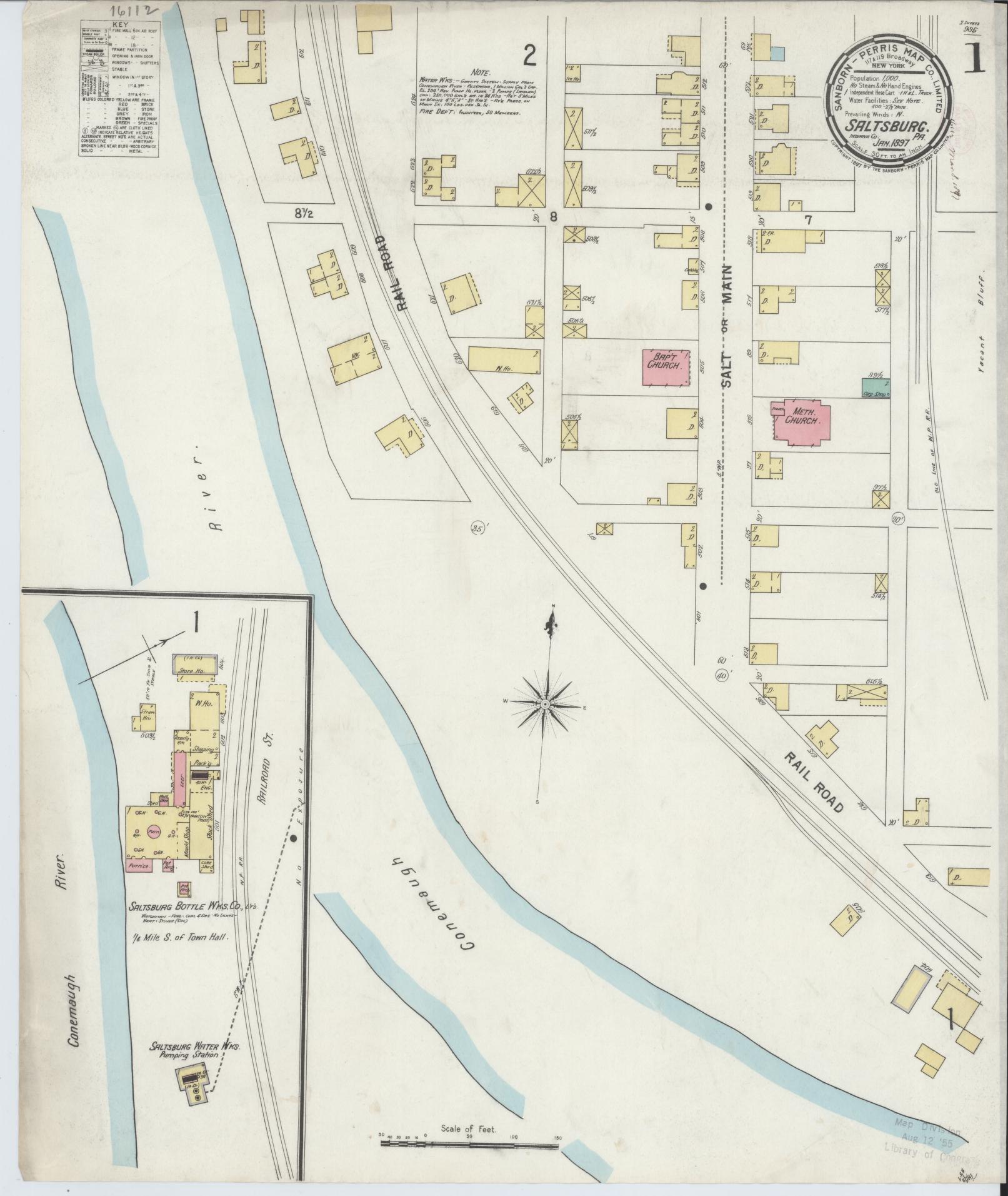 Sanborn Fire Insurance Map from Saltsburg, Indiana County, Pennsylvania (1897), Sheet #0001 - Complete Map Set gallery image, historic Sanborn map, vintage wall art, Saltsburg Indiana