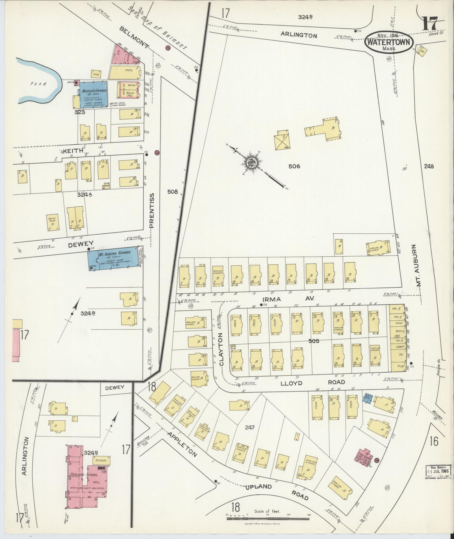 Sanborn Fire Insurance Map from Watertown, Middlesex County, Massachusetts (1916), Sheet #0017 - Complete Map Set gallery image, historic Sanborn map, vintage wall art, Massachusetts Massachusetts