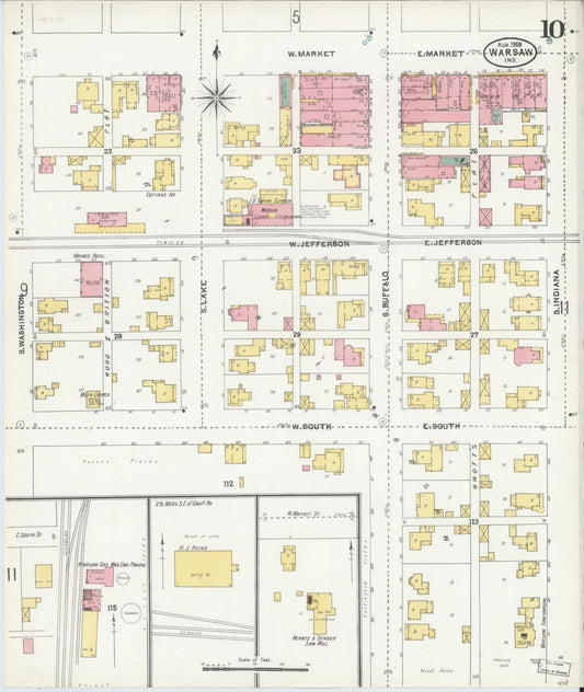 Sanborn Fire Insurance Map from Warsaw, Kosciusko County, Indiana (1905), Sheet #0010 - Historic Sanborn Fire Insurance Map Print, vintage old map wall art, antique decor, genealogy gift, Indiana Indiana map