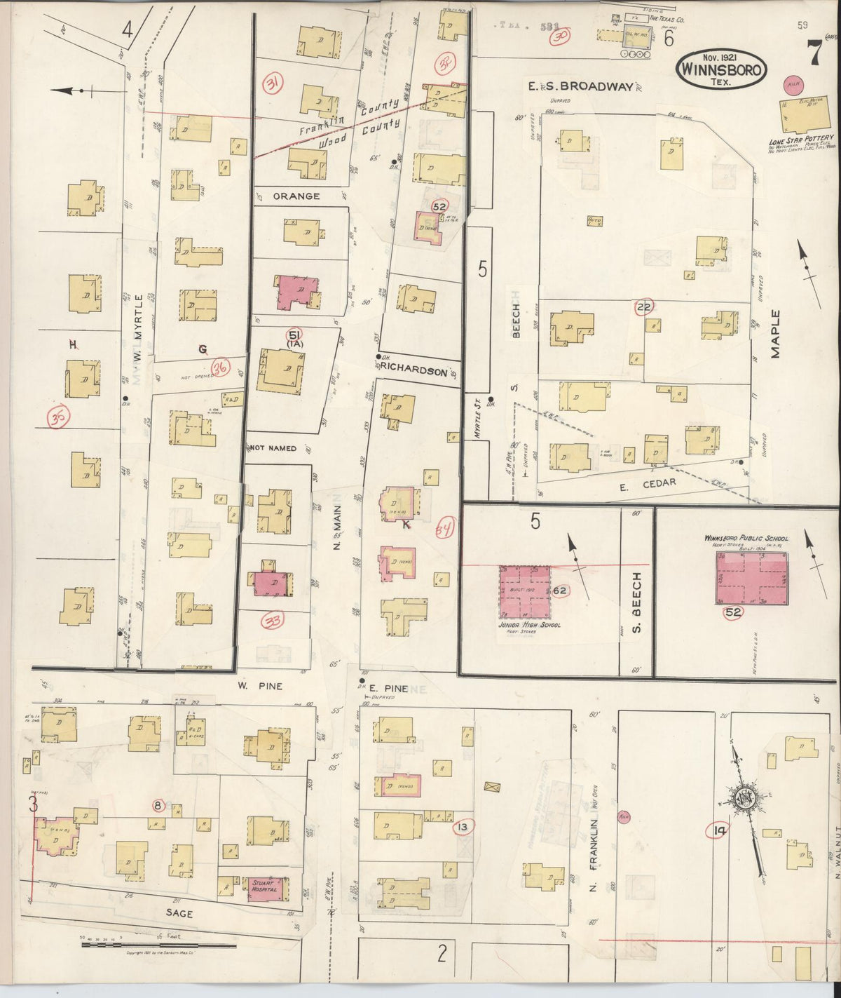 Sanborn Fire Insurance Map from Winnsboro, Wood County, Texas (1943), Sheet #0007 - Complete Map Set gallery image, historic Sanborn map, vintage wall art, Texas Texas