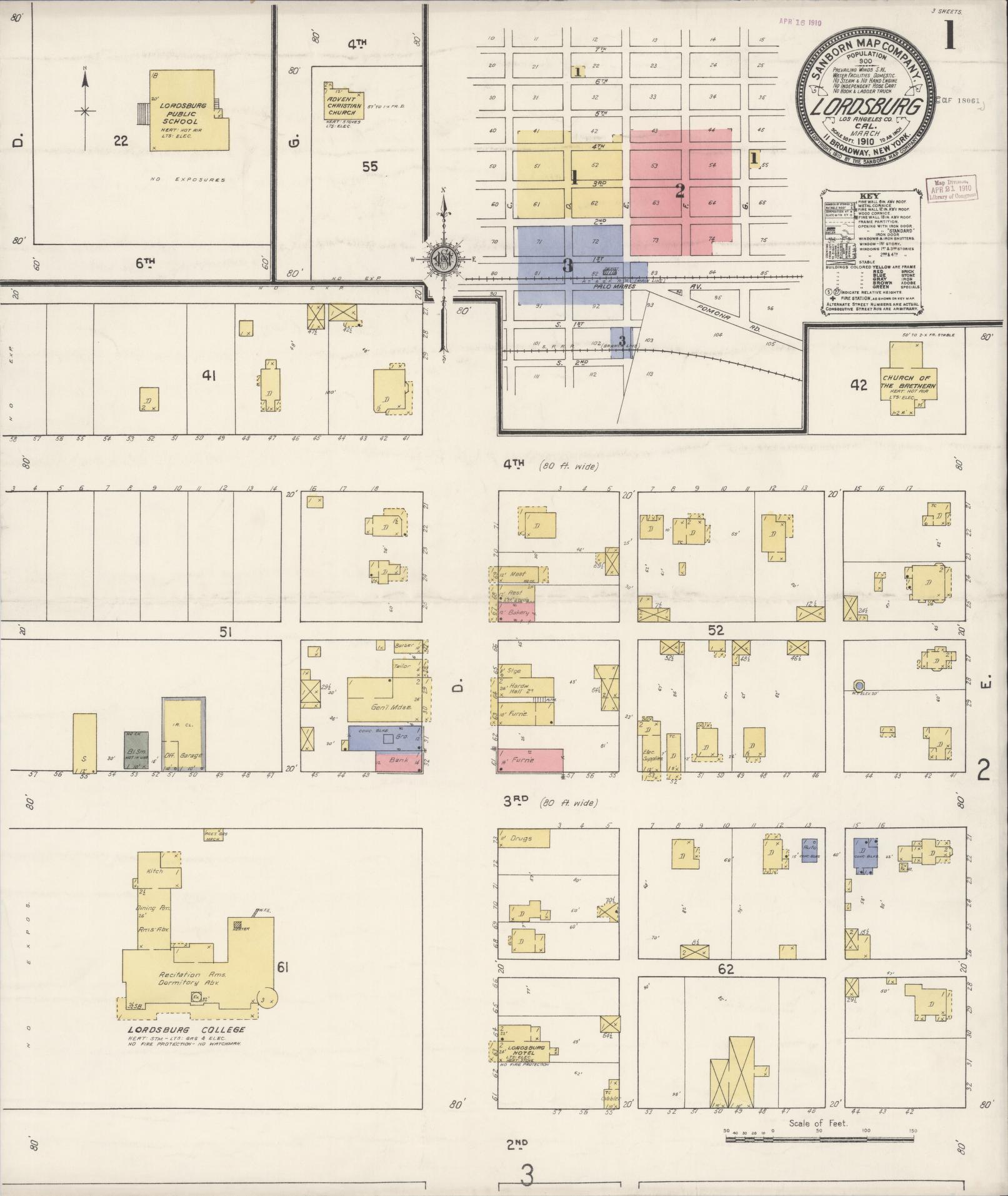Sanborn Fire Insurance Map from Lordsburg, Los Angeles County, California (1910), Sheet #0001 - Historic Sanborn Fire Insurance Map Print, vintage old map wall art, antique decor, genealogy gift, California California map