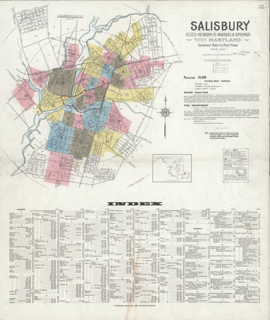 Sanborn Fire Insurance Map from Salisbury, Wicomico County, Maryland (1931), Sheet #0001 - Historic Sanborn Fire Insurance Map Print, vintage old map wall art, antique decor, genealogy gift, Maryland Maryland map