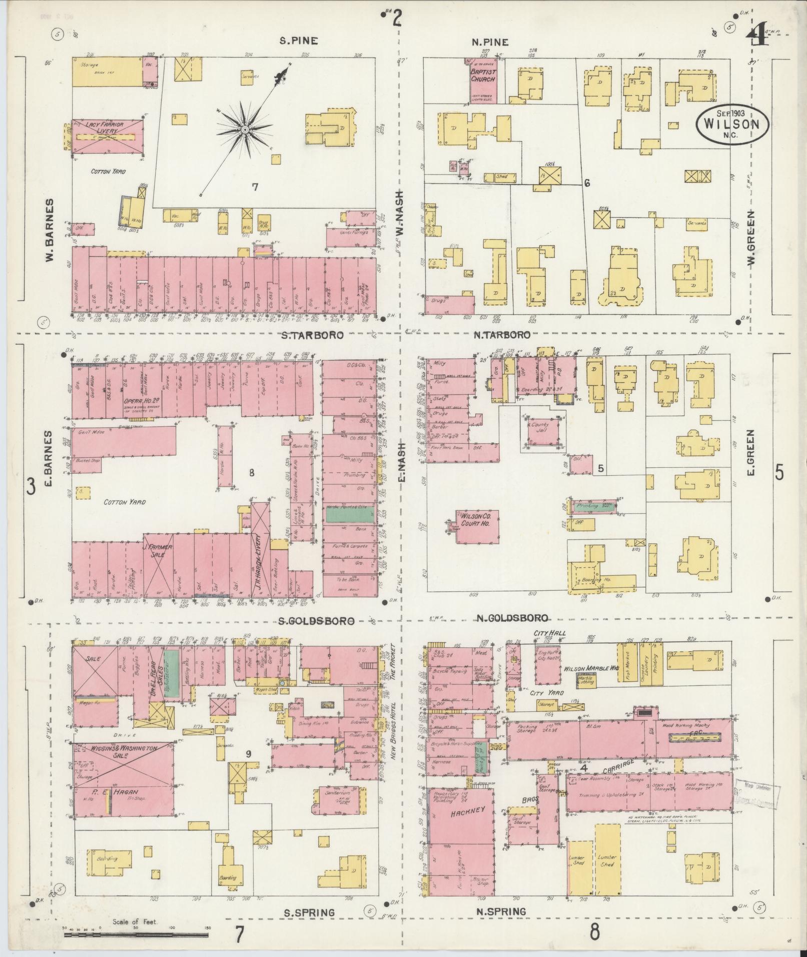 Sanborn Fire Insurance Map from Wilson, Wilson County, North Carolina (1903), Sheet #0004 - Historic Sanborn Fire Insurance Map Print, vintage old map wall art, antique decor, genealogy gift, North Carolina North Carolina map