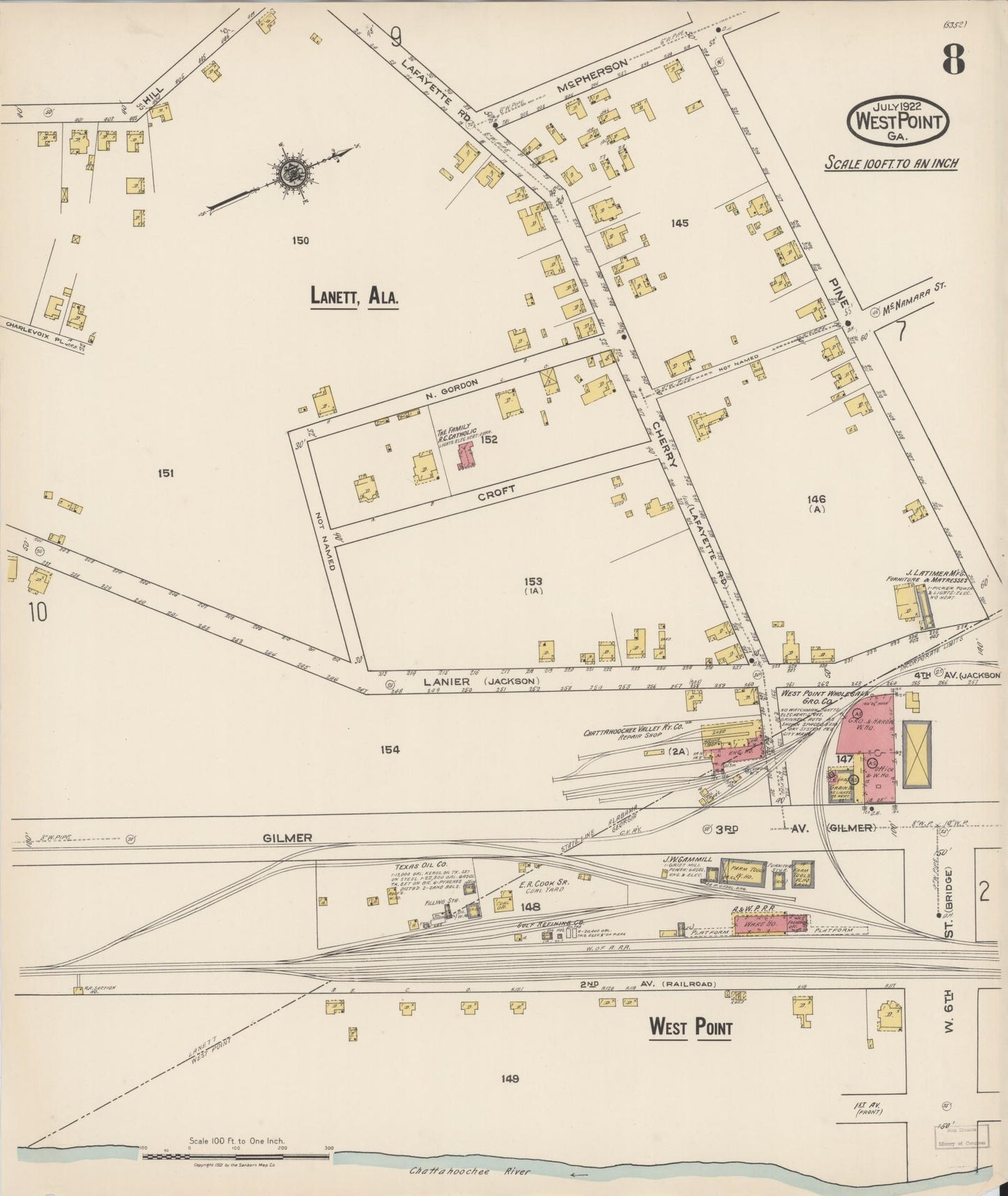 Sanborn Fire Insurance Map from West Point, Troup County, Georgia (1922), Sheet #0008 - Complete Map Set gallery image, historic Sanborn map, vintage wall art, Alabama Alabama