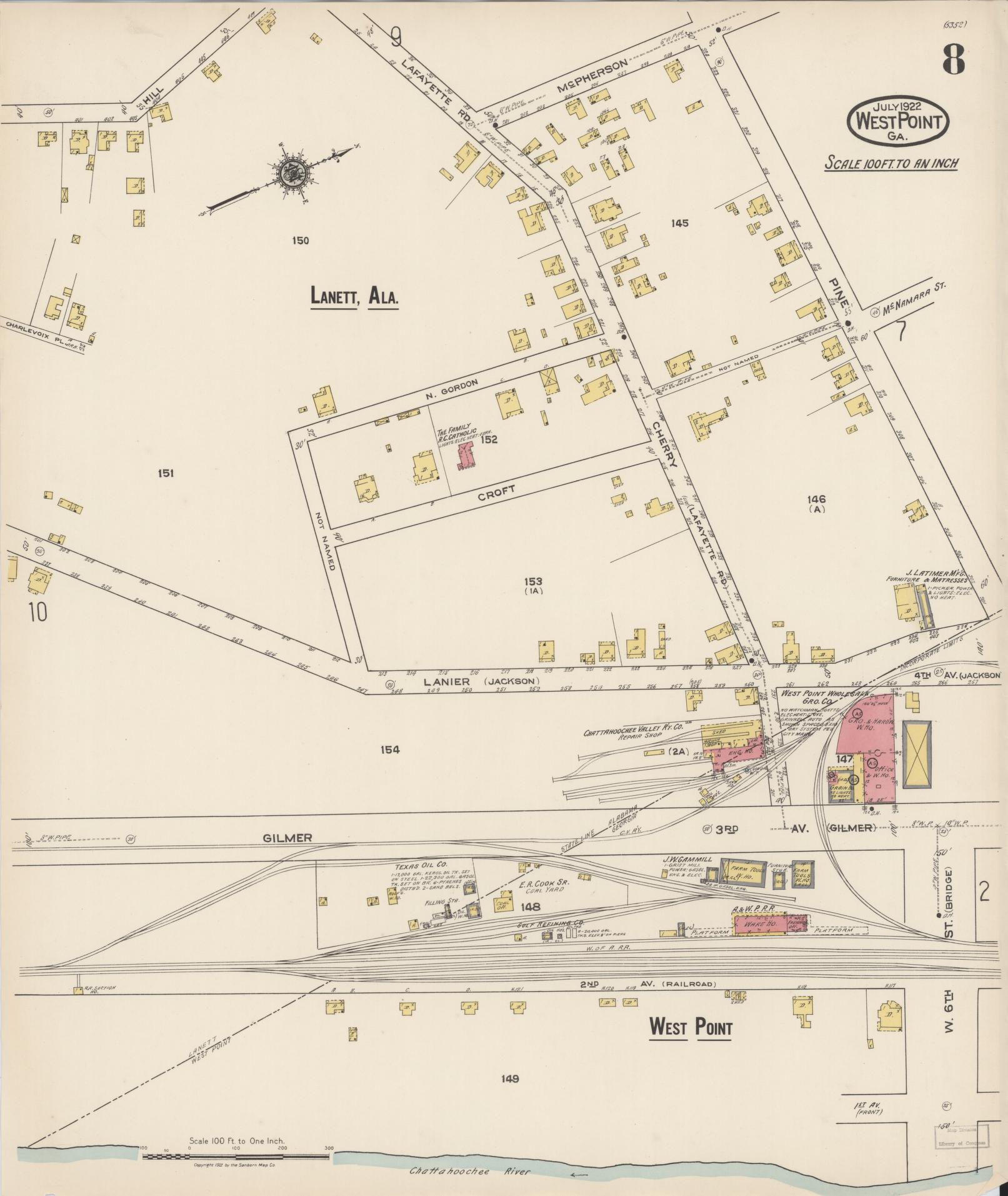 Sanborn Fire Insurance Map from West Point, Troup County, Georgia (1922), Sheet #0008 - Complete Map Set gallery image, historic Sanborn map, vintage wall art, Alabama Alabama