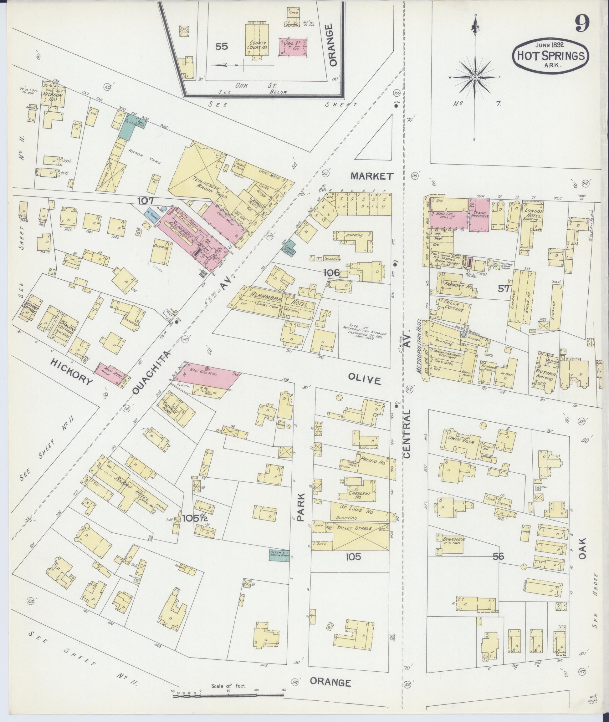 Sanborn Fire Insurance Map from Hot Springs, Garland County, Arkansas (1892), Sheet #0009 - Complete Map Set gallery image, historic Sanborn map, vintage wall art, Arkansas Arkansas
