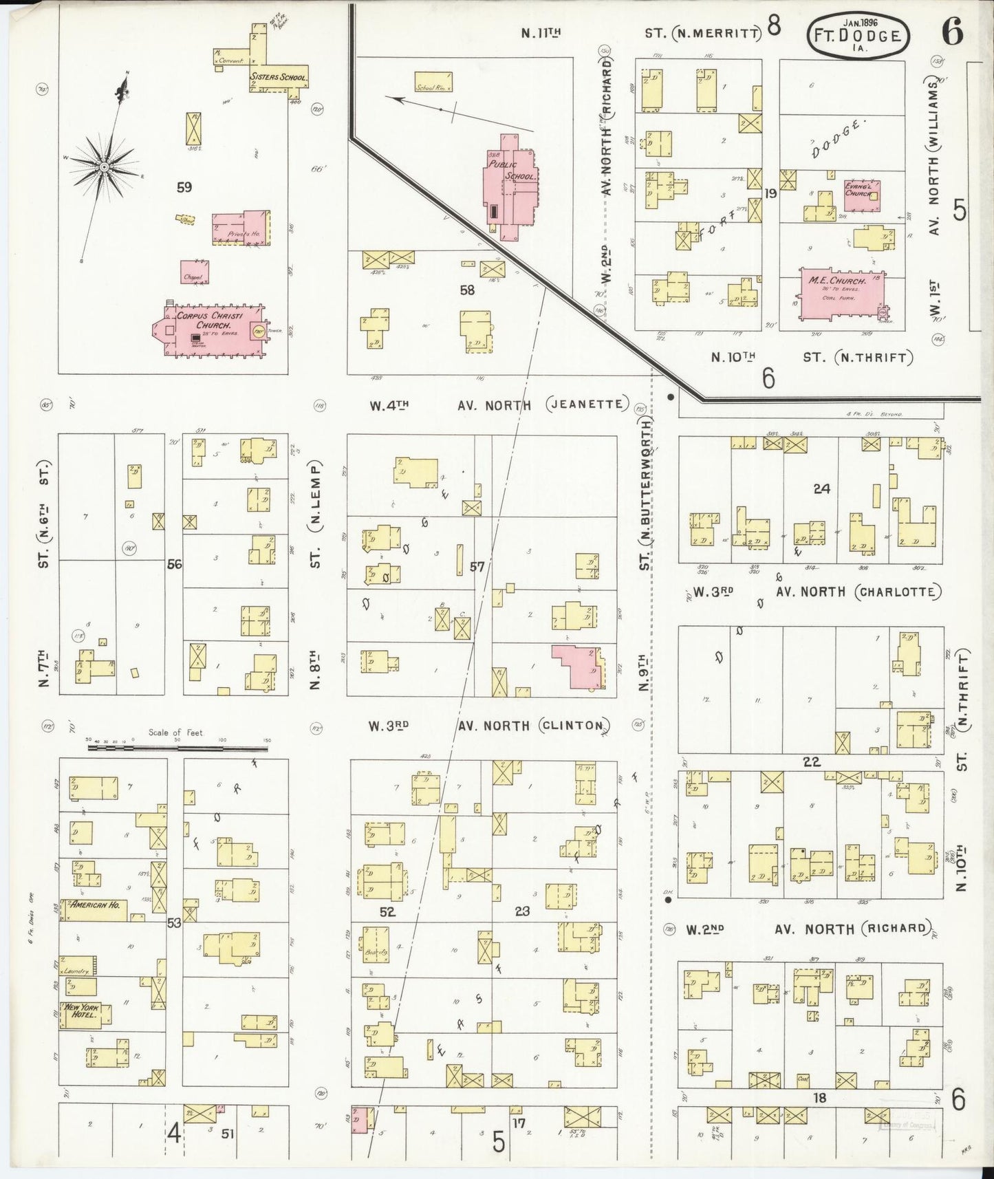 Sanborn Fire Insurance Map from Fort Dodge, Webster County, Iowa (1896), Sheet #0006 - Historic Sanborn Fire Insurance Map Print, vintage old map wall art