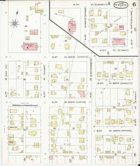 Sanborn Fire Insurance Map from Fort Dodge, Webster County, Iowa (1896), Sheet #0006 - Historic Sanborn Fire Insurance Map Print, vintage old map wall art