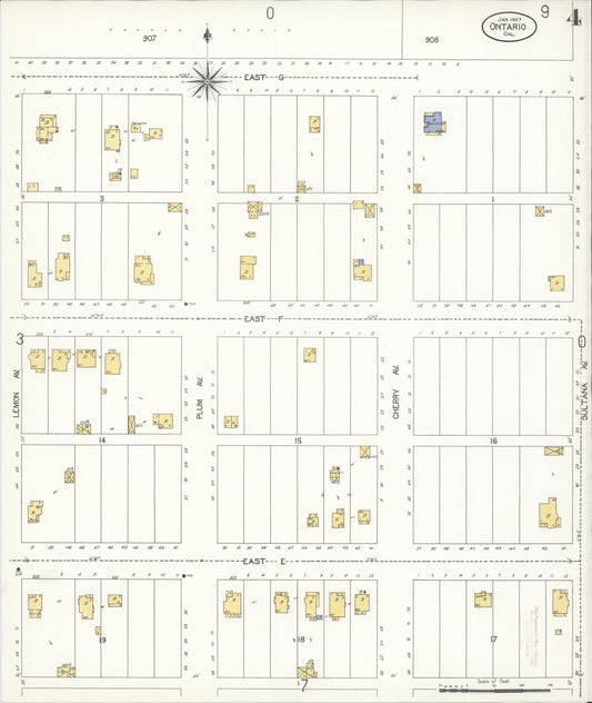 Sanborn Fire Insurance Map from Ontario, San Bernardino County, California (1907), Sheet #0004 - Historic Sanborn Fire Insurance Map Print, vintage old map wall art, antique decor, genealogy gift, California California map